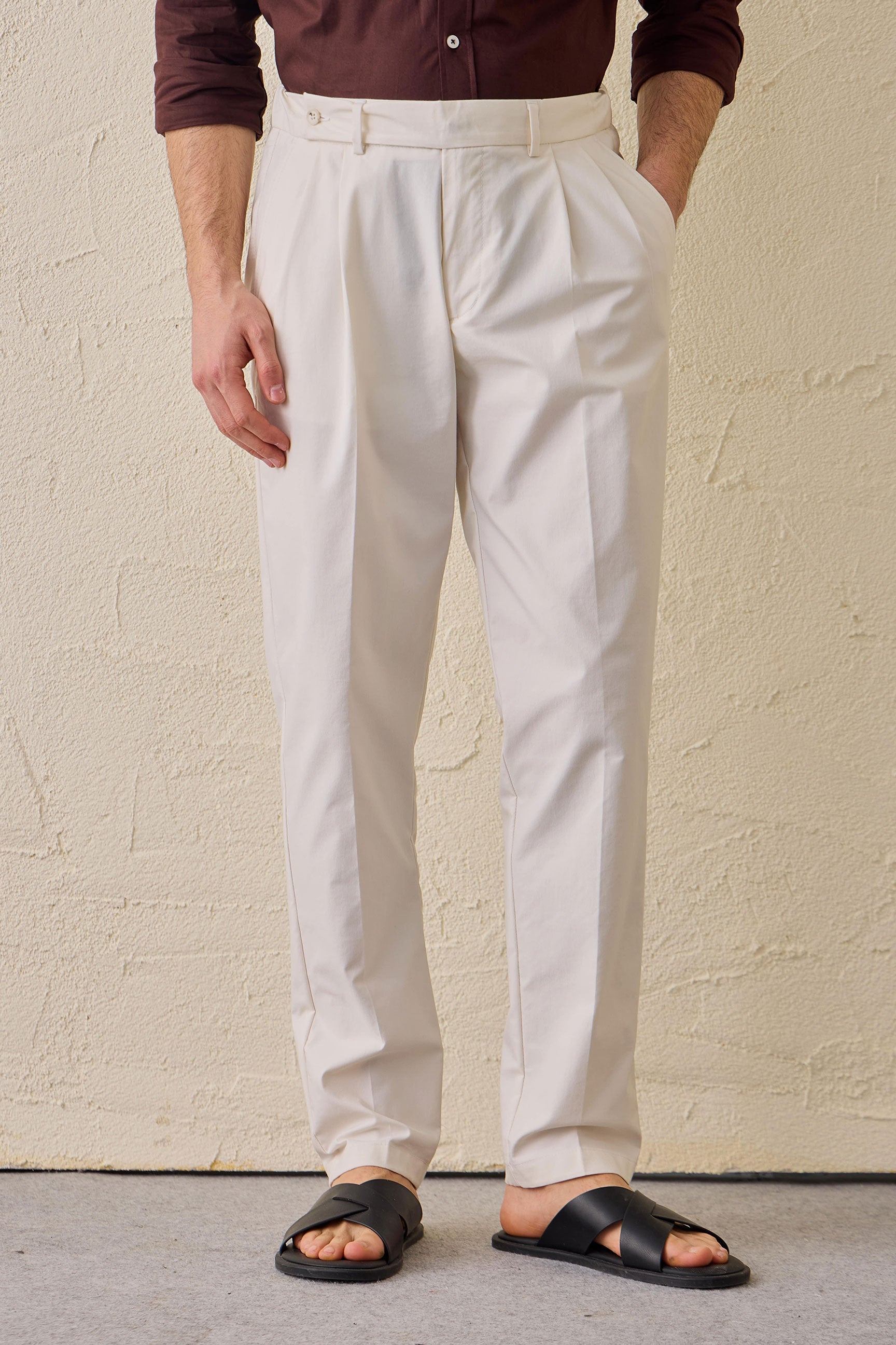 White Pleated Smart Casual Trousers for Men Tailored Classic Fit