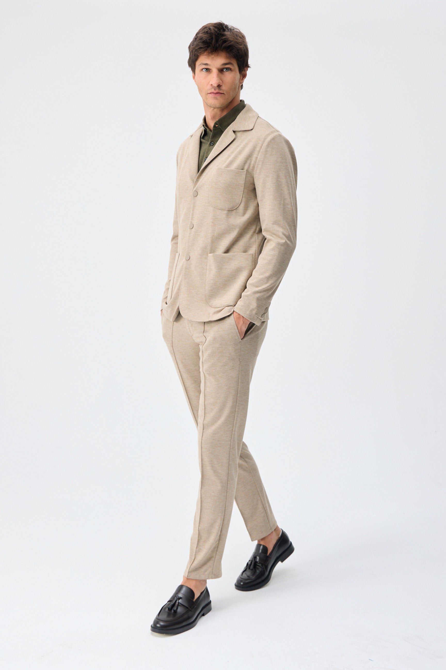Men’s Beige Soft Jersey Smart Casual Suit Blazer Jacket & Trousers Set