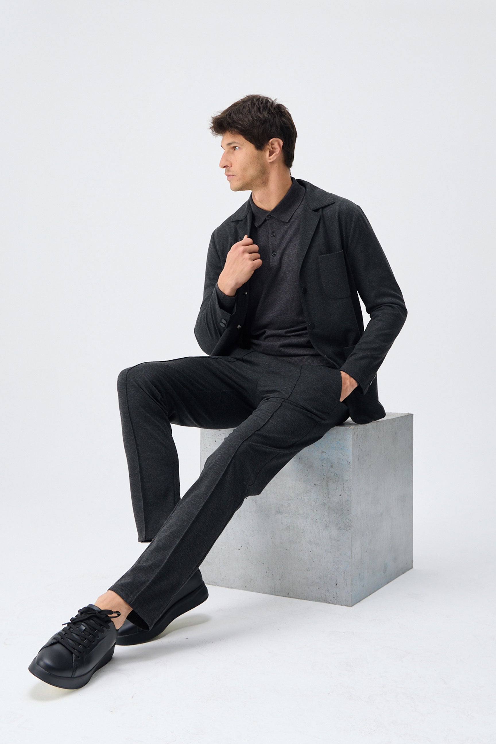 Men’s Charcoal Soft Jersey Smart Casual Suit Blazer Jacket & Trousers Set