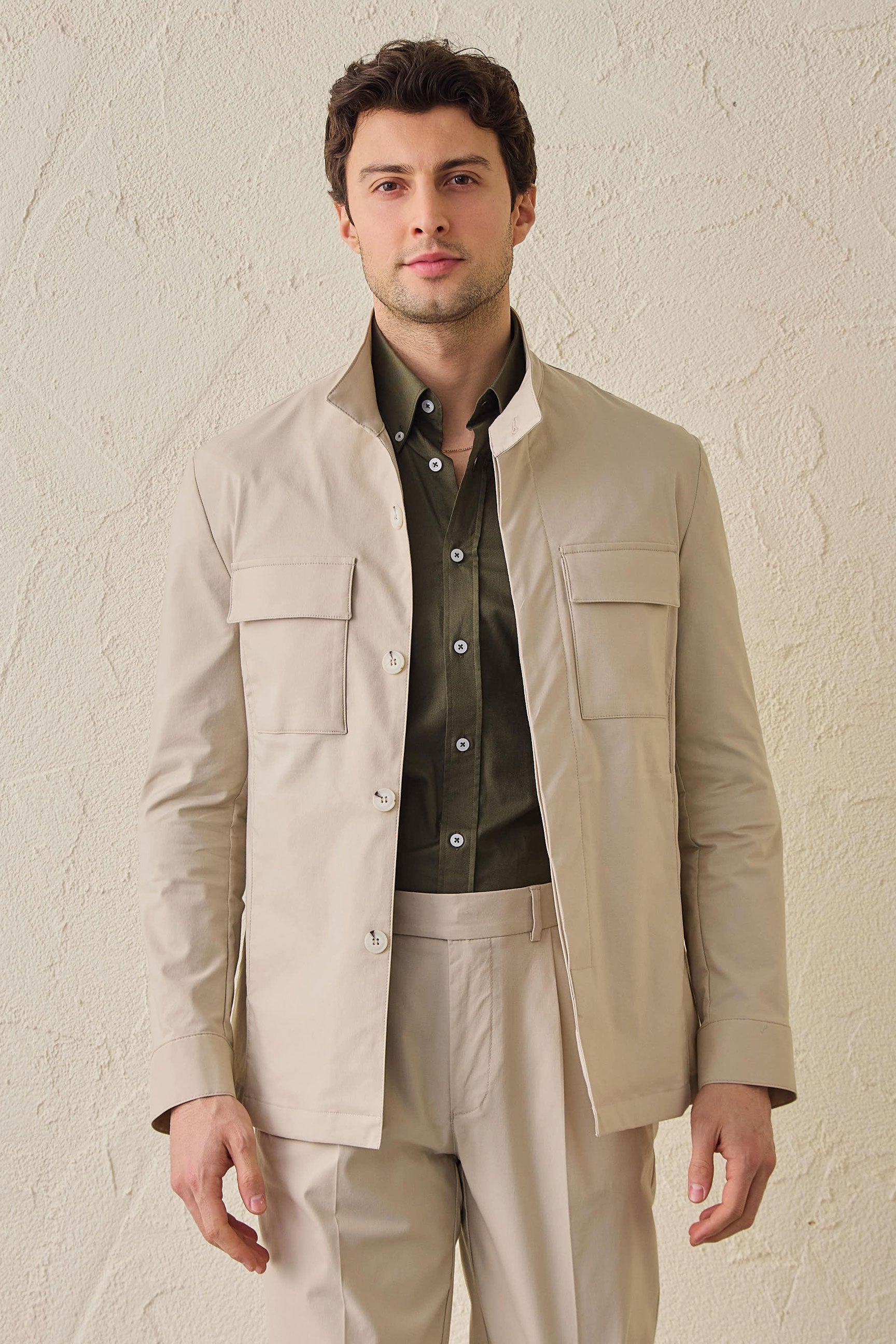 Men’s Beige Utility Jacket Lightweight Cotton Blend Smart Casual Jacket
