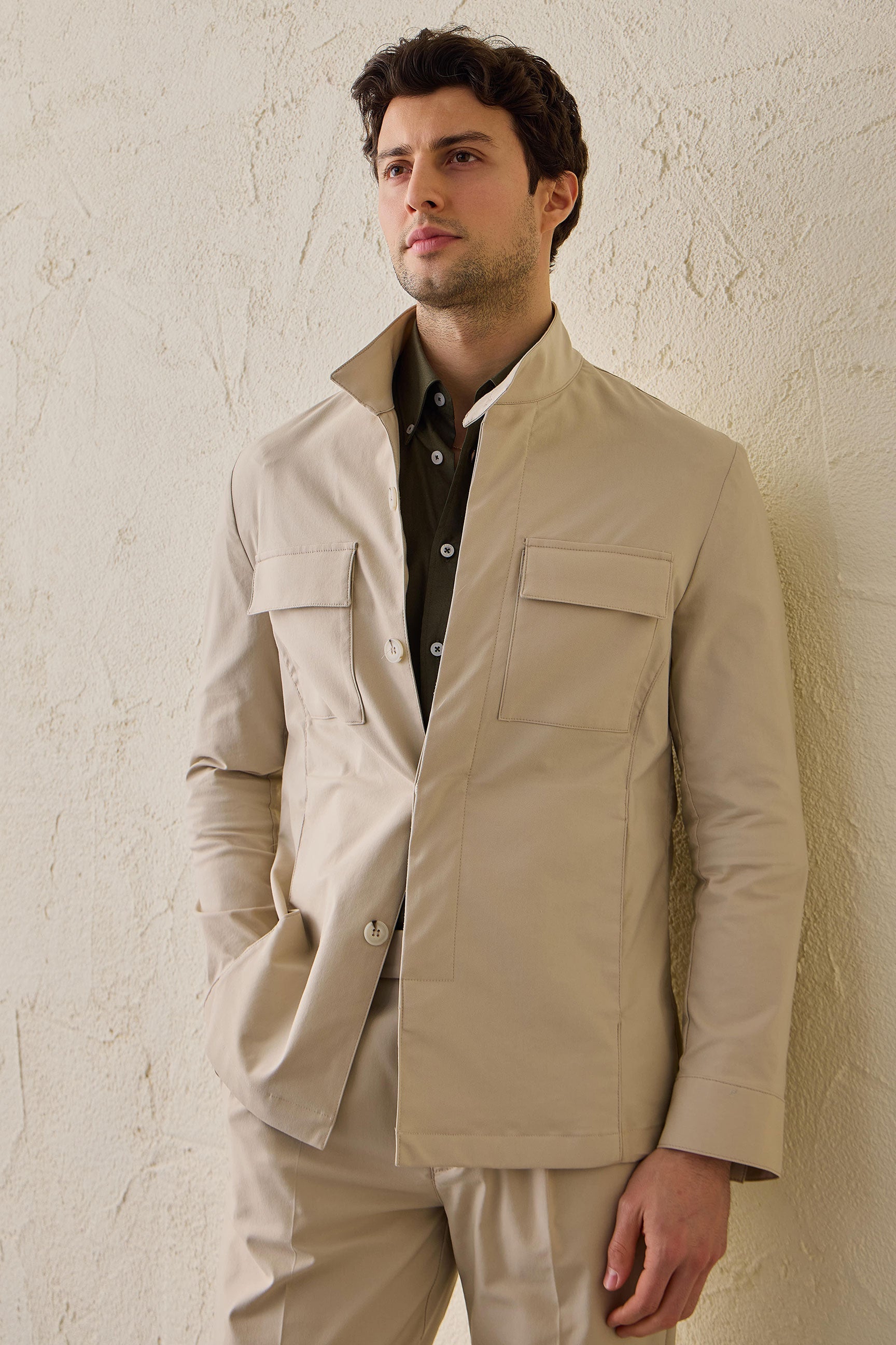 Men’s Beige Utility Jacket Lightweight Cotton Blend Smart Casual Jacket