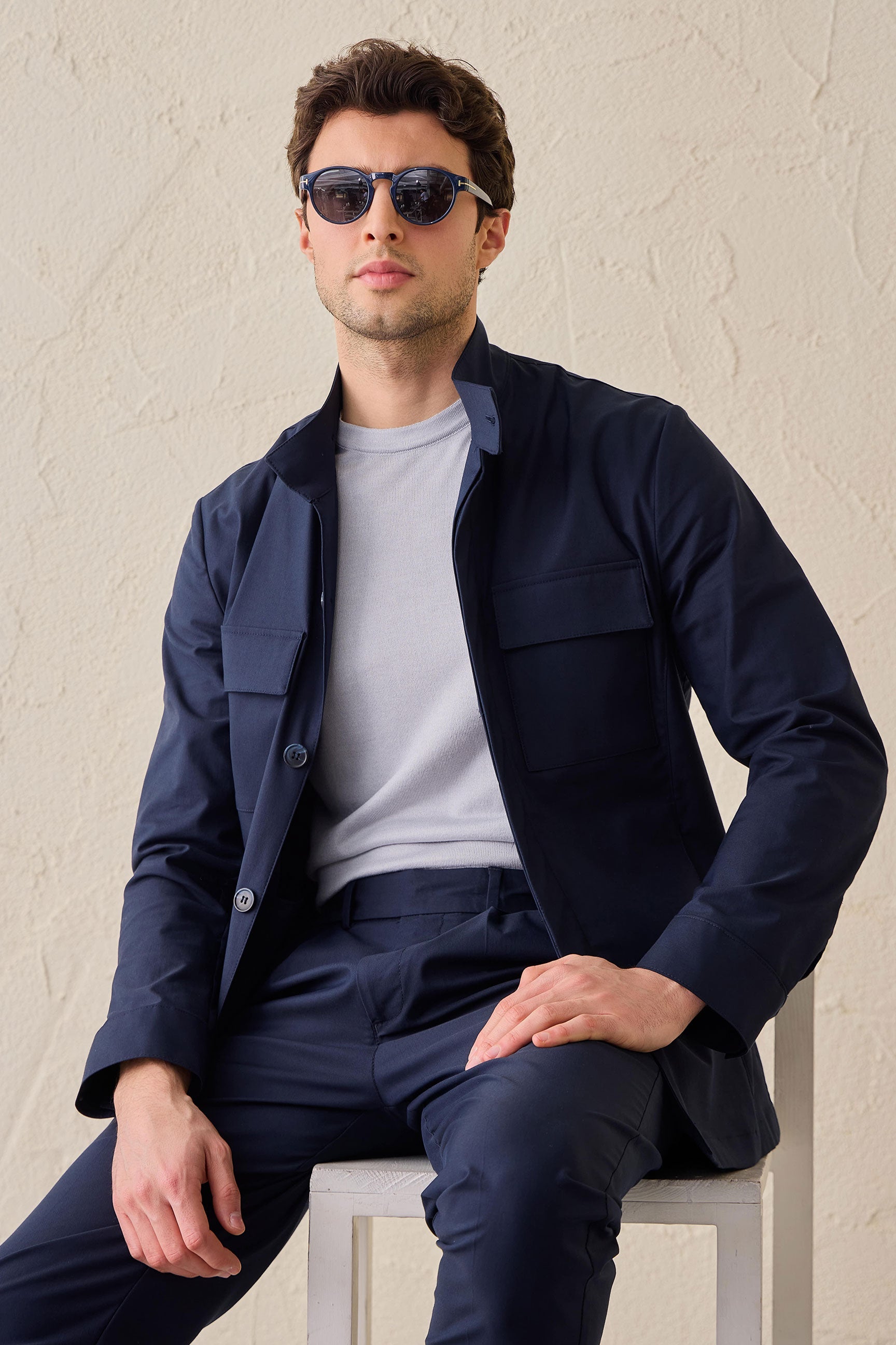 Men’s Navy Utility Jacket Lightweight Cotton Blend Smart Casual Jacket