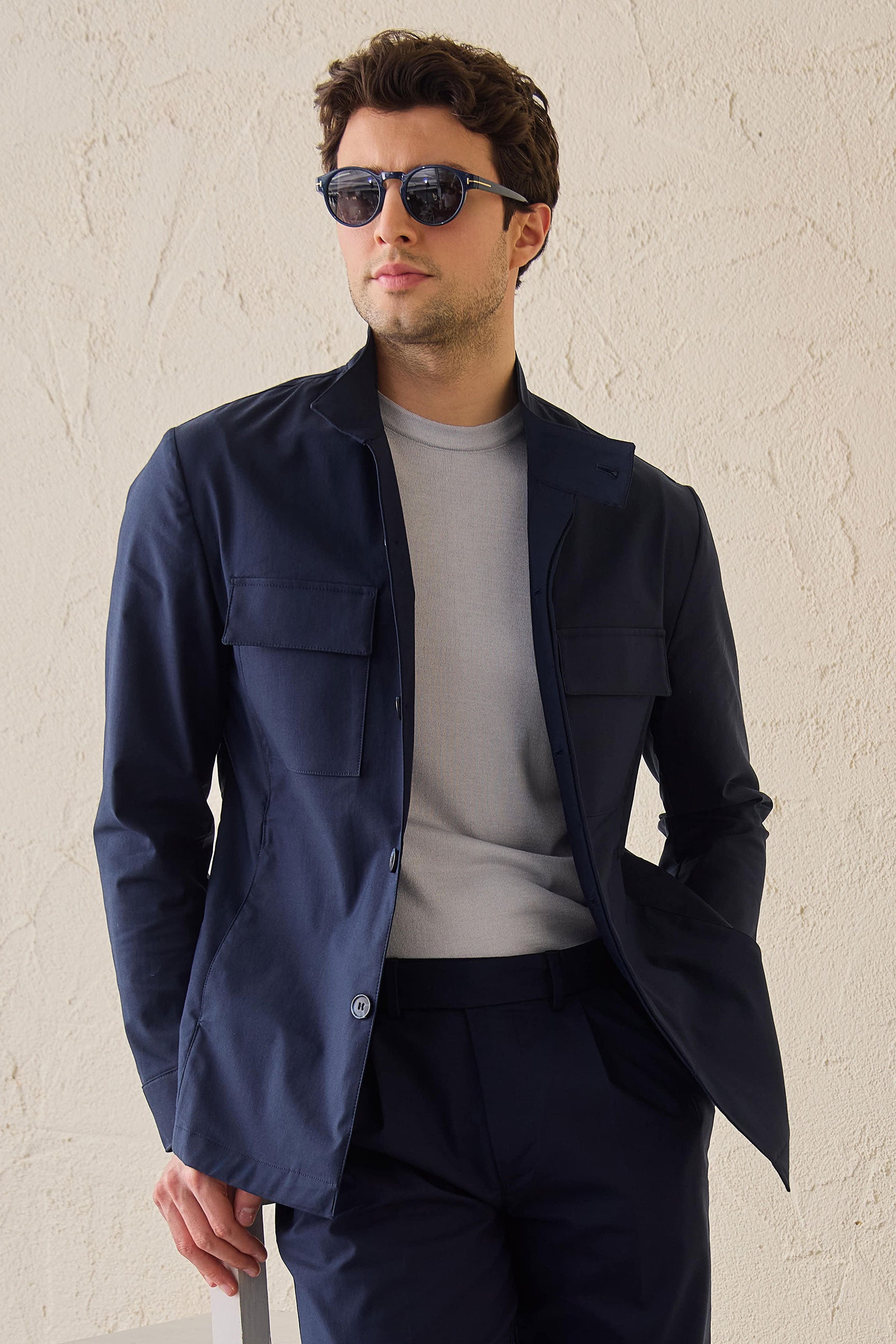 Men’s Navy Smart Casual 2 Piece Suit Safari Style Stand Collar Stretch Set