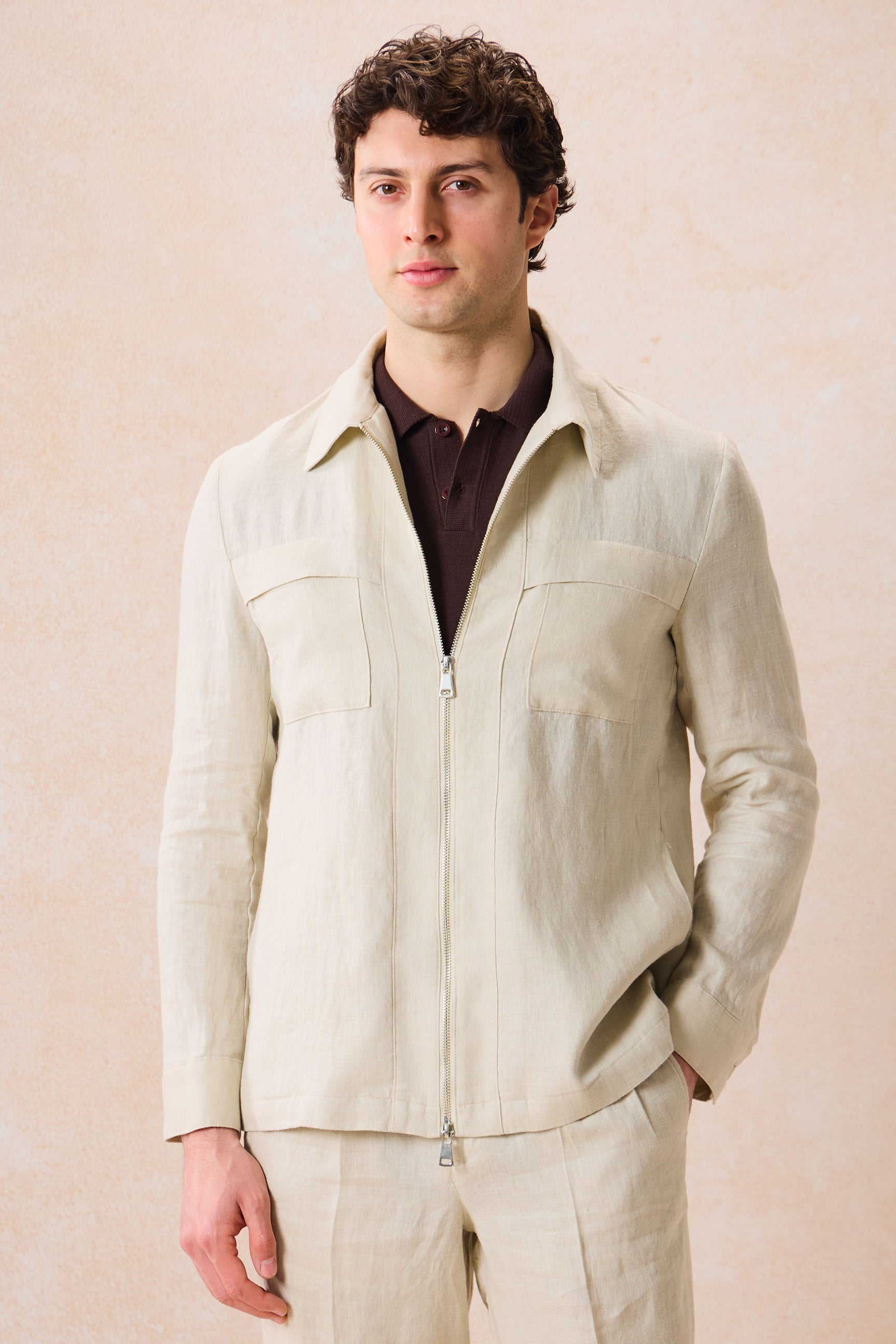Men’s Beige Linen Smart Casual 2 Piece Suit Zip Front Safari Style Summer