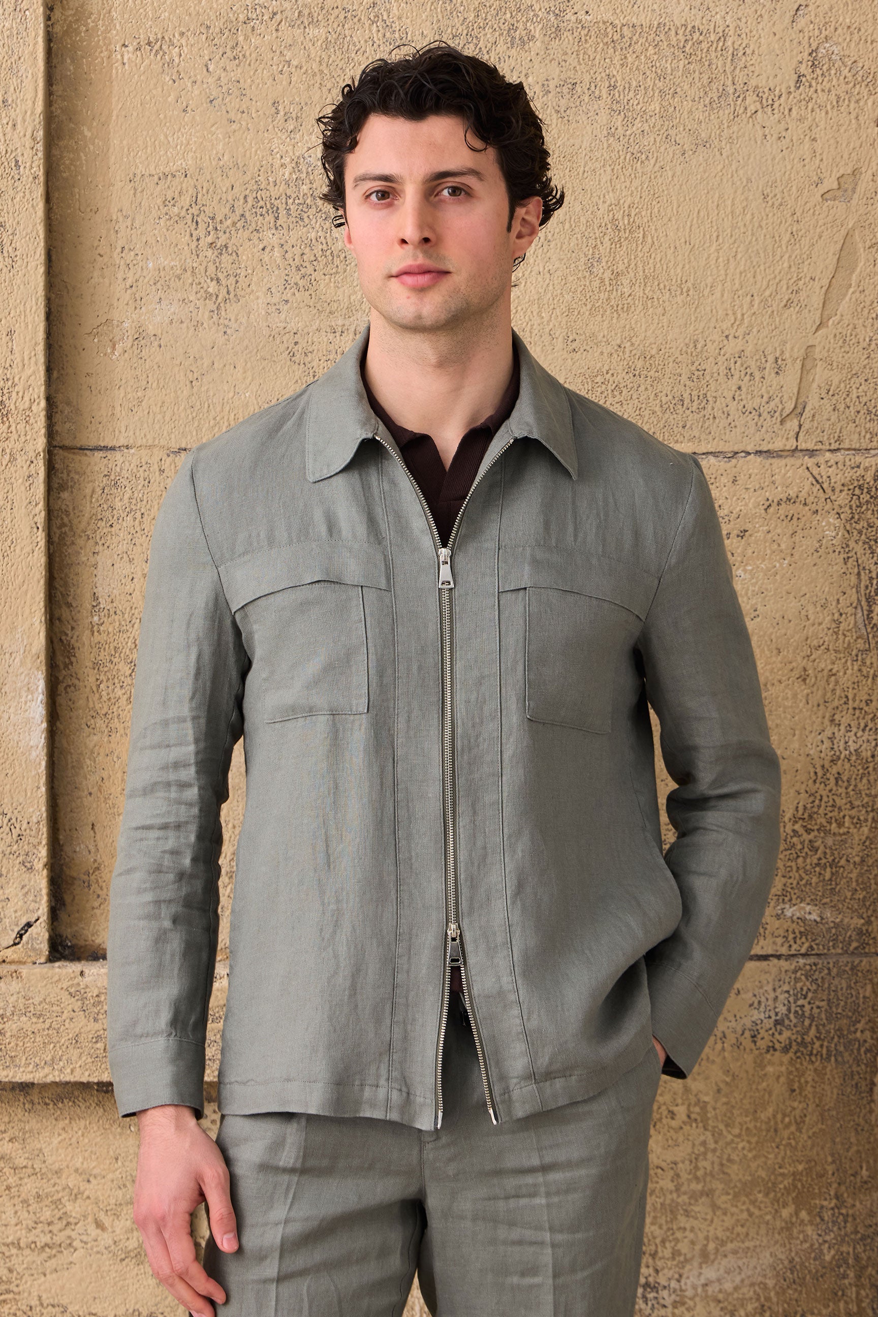 Men’s Sage Green Linen Zip-Up Shirt Jacket Lightweight Summer Overshirt