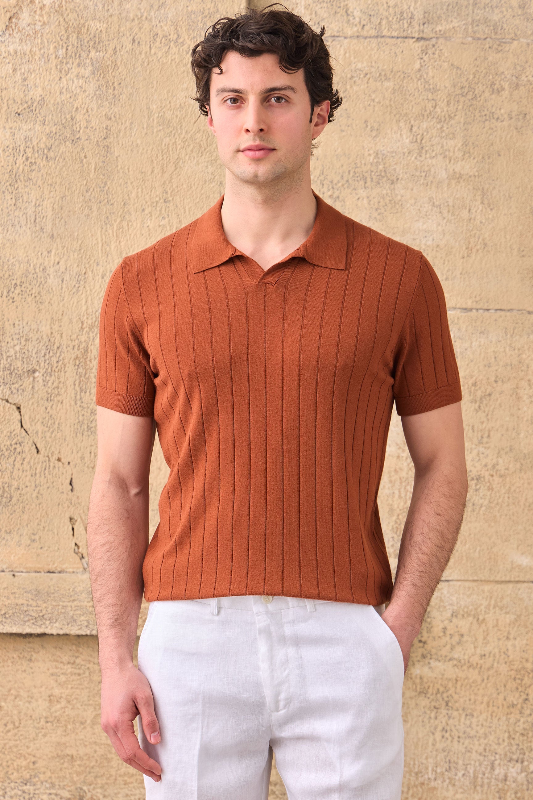 Men’s Rust Orange Ribbed Knit Polo Shirt