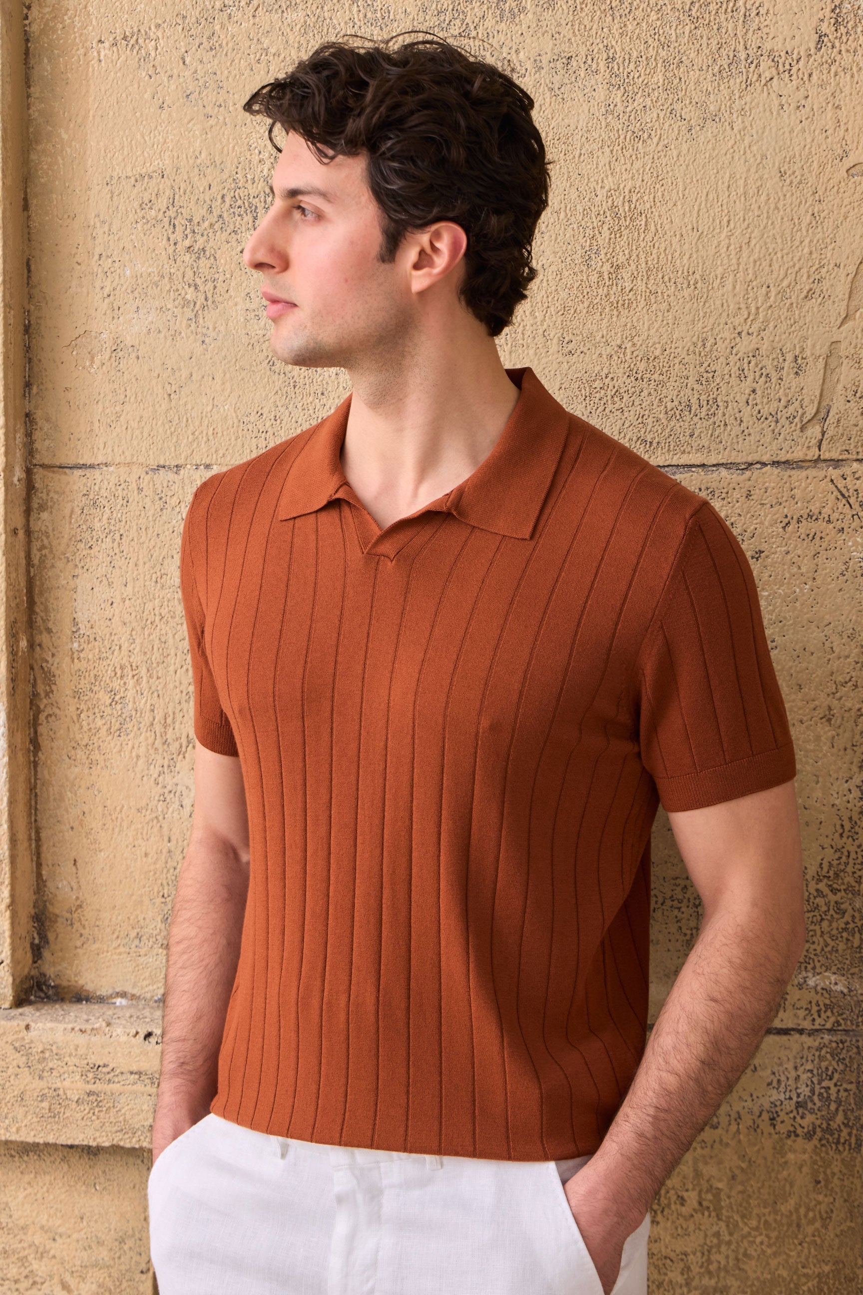 Men’s Rust Orange Ribbed Knit Polo Shirt