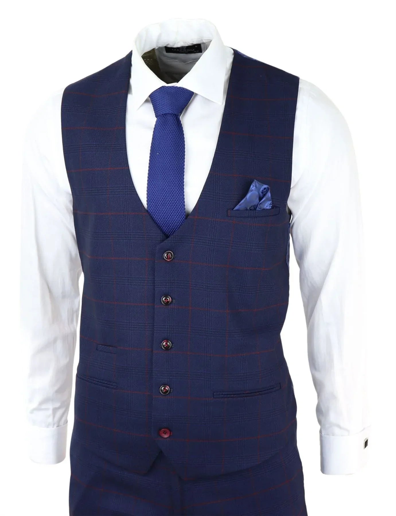 Mens Navy Check 3 Piece Suit Red Edinson Marc Darcy Classic Vintage Wedding