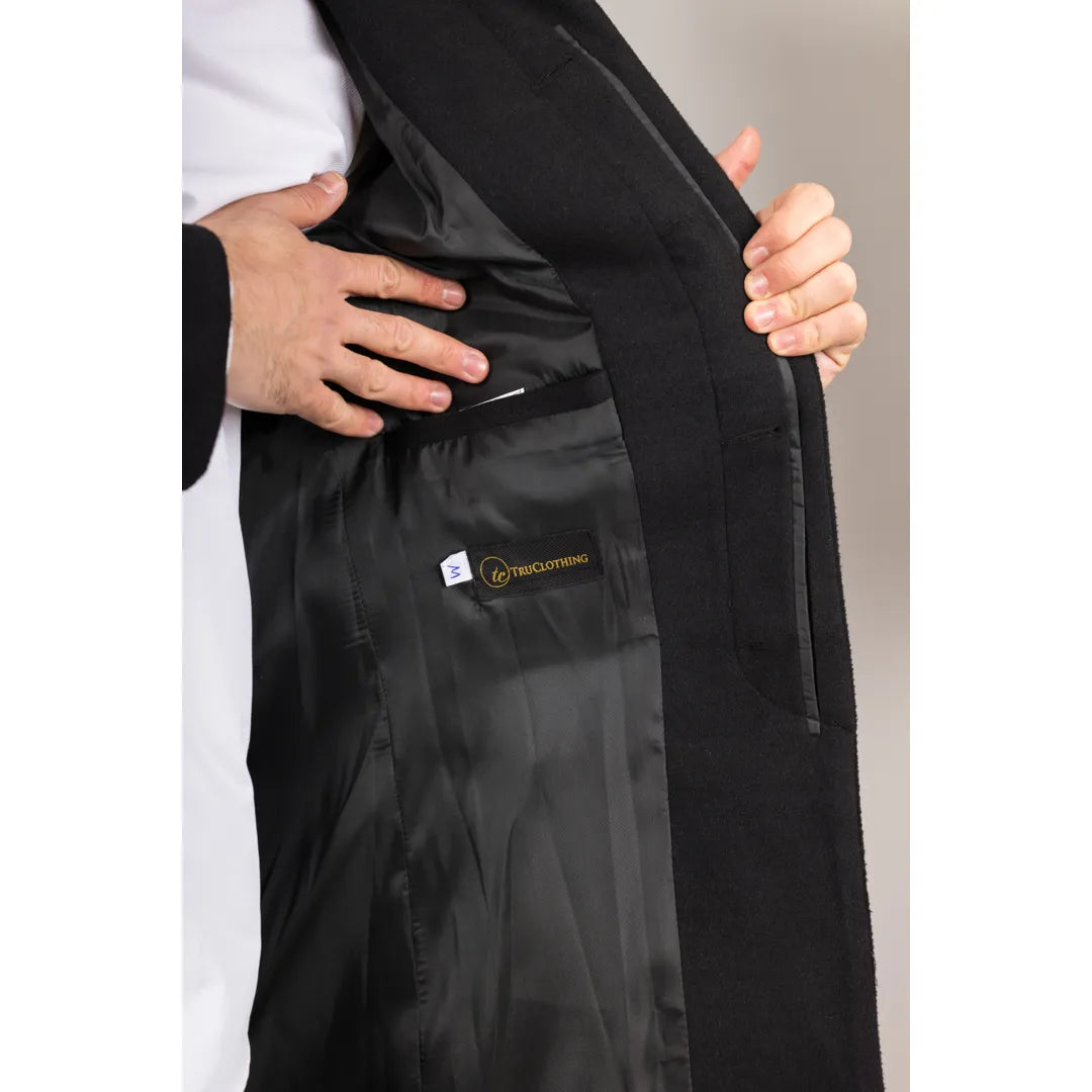 Men's Stand Collar Wool Blend Black Overcoat