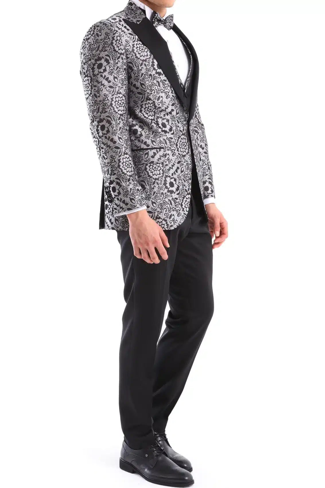 Mens Silver Floral Black Tuxedo Suit 3 Piece Wedding Prom Party Grooms Ceremony