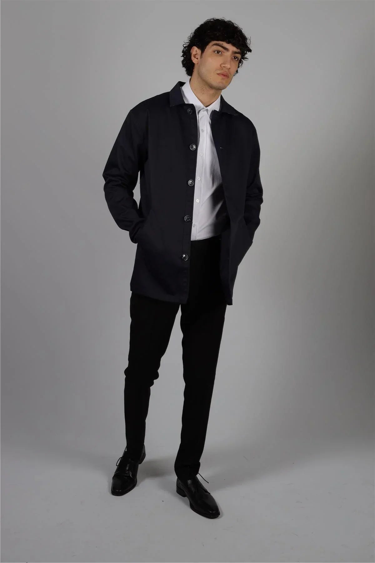 Mens Mid Length Overcoat Jacket Light Weight Smart Casual Navy Mac