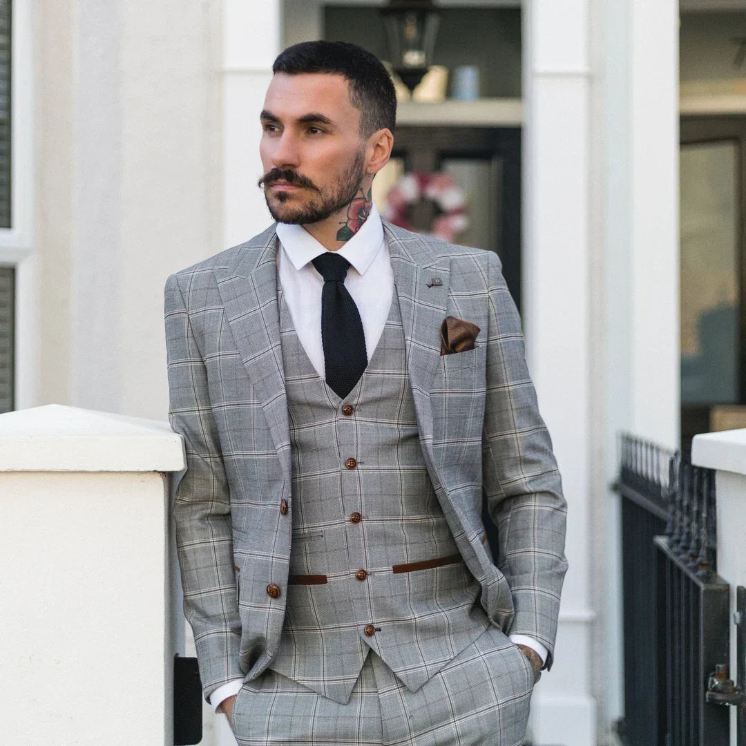 Francis Men's Grey 3-Piece Wedding Suit with Tan Brown Check and Velvet Trim