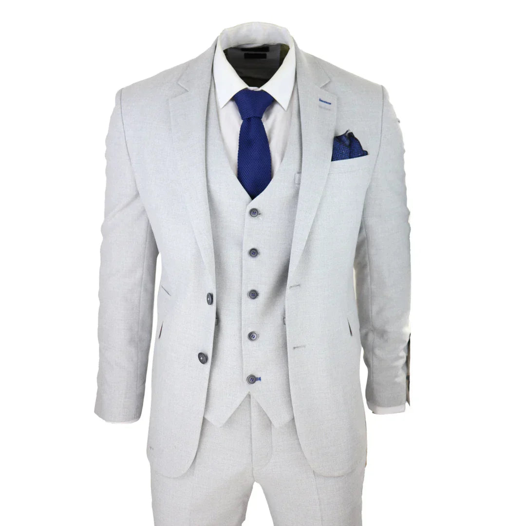 Mens Tweed Light Grey 3 Piece Suit Tailored Fit Classic Vintage 1920s Wedding