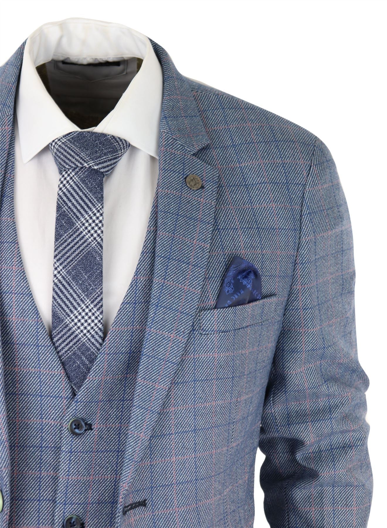 Mens 3 Piece Suit Sky Blue Check Wool Feel Marc Darcy Tailored Fit Wedding Prom Harry
