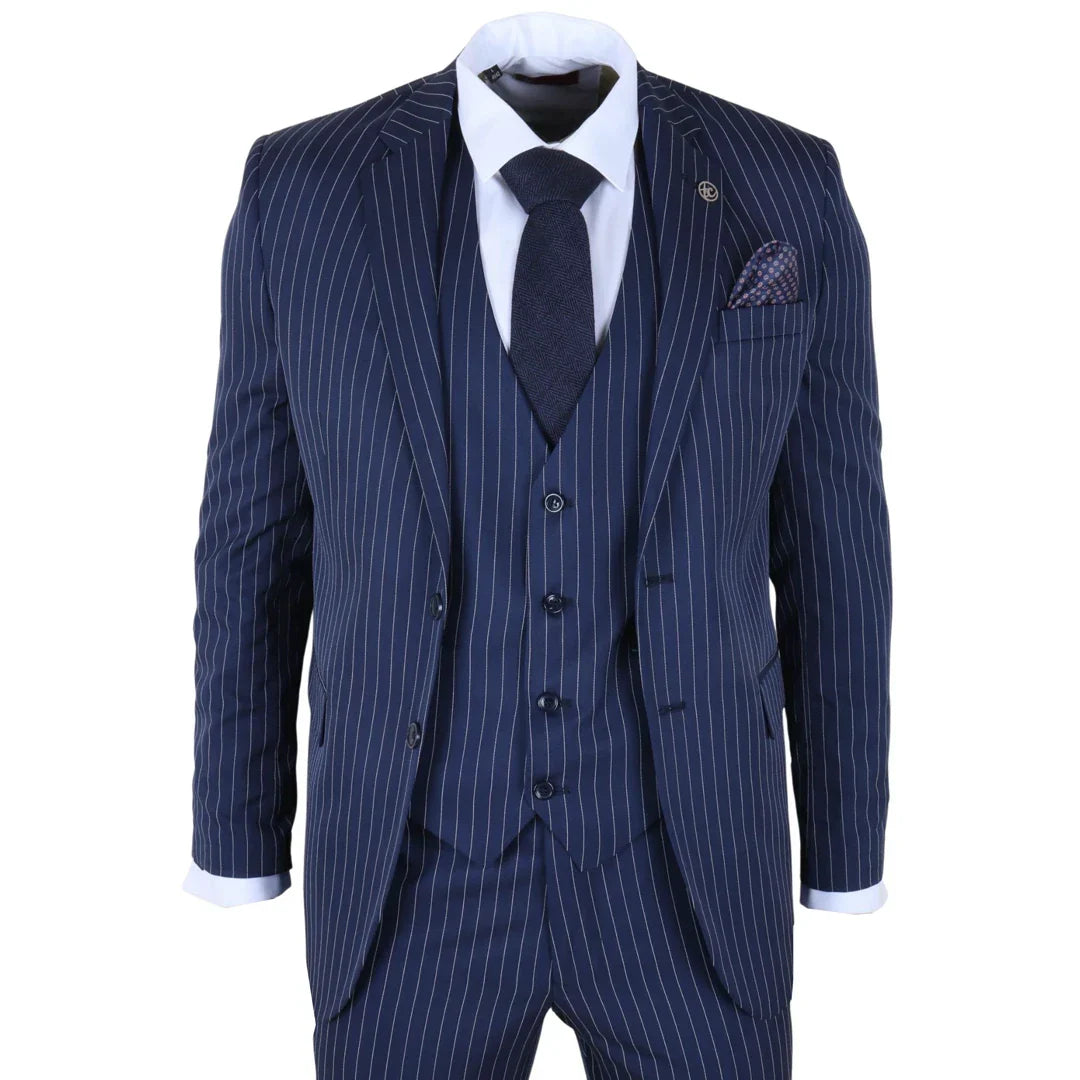 IM43 - Men's Pinstripe 3 Piece Navy Blue Shelby Style Suit