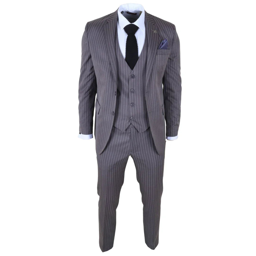 IM44 - Men's Pinstripe 3 Piece Grey Suit Shelby Style