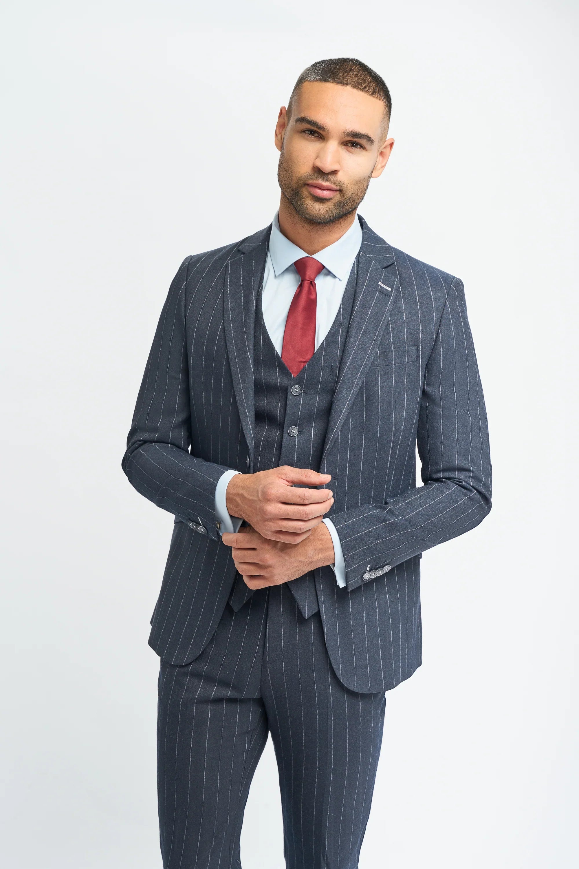 Mens 3 Piece Suit Pin Stripe Navy Classic Vintage Retro 1920s Tailored Fit Wedding