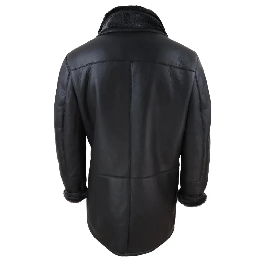 Men's 3/4 Duffle Jacket Sheepskin Long Button Zip Warm - Black
