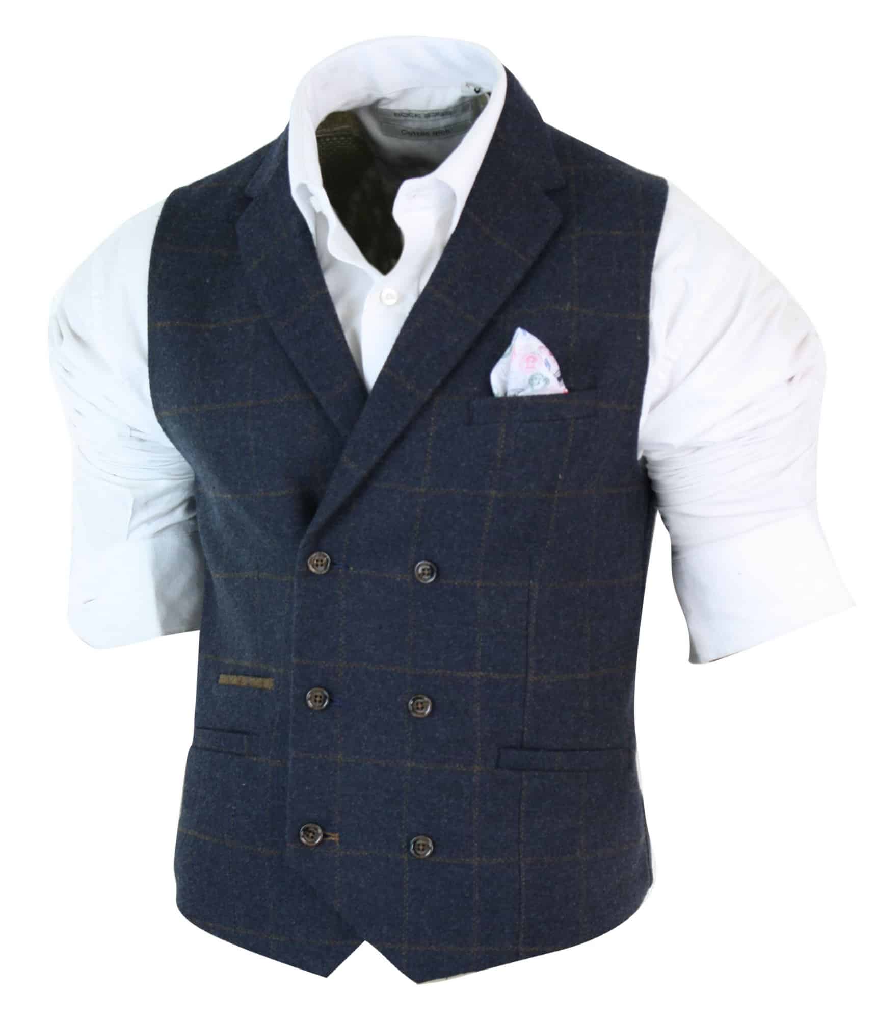 Mens Double Breasted Herringbone Tweed 1920s Vintage Vintage Check Waistcoat Navy Blue