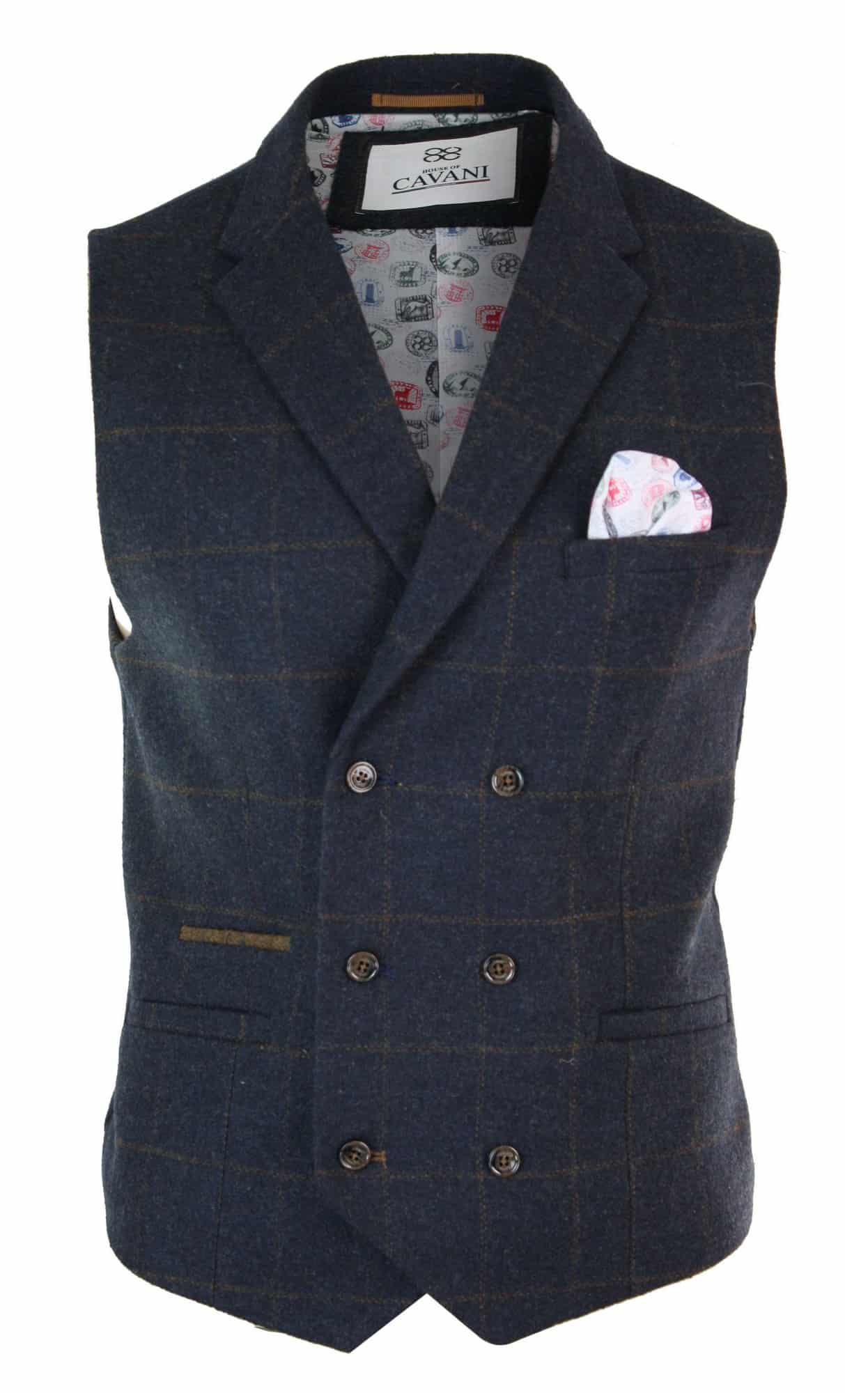 Mens Double Breasted Herringbone Tweed 1920s Vintage Vintage Check Waistcoat Navy Blue