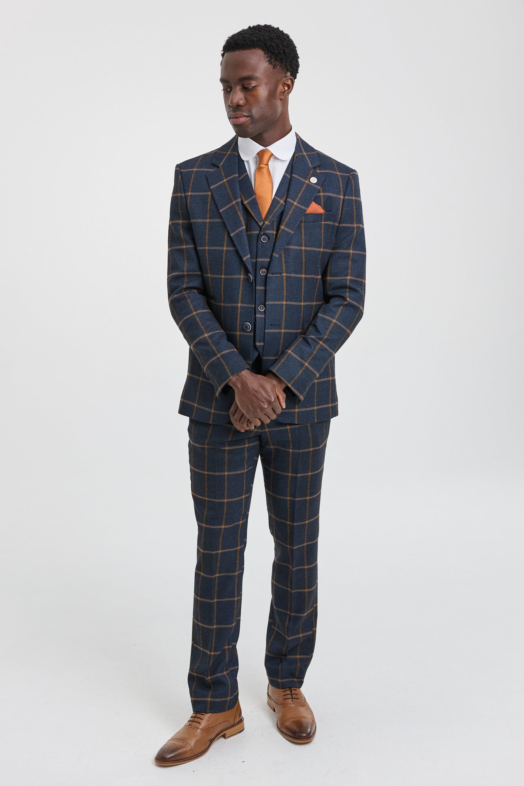 Mens Herringbone Tweed Check 3 Piece Wool Suit 1920s Vintage - Navy Blue