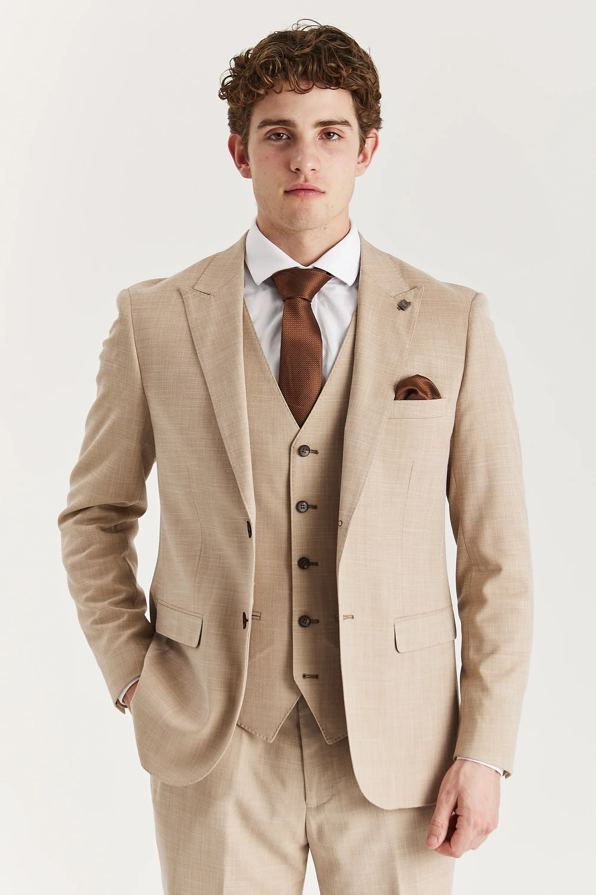 Mens Beige 3 Piece Tweed Check Suit