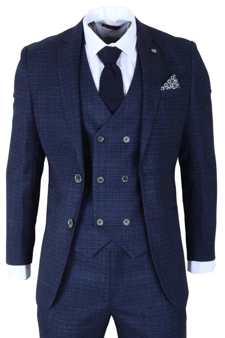 Luis - Men's Blue Plaid Check Slim Fit 3 Piece Suit