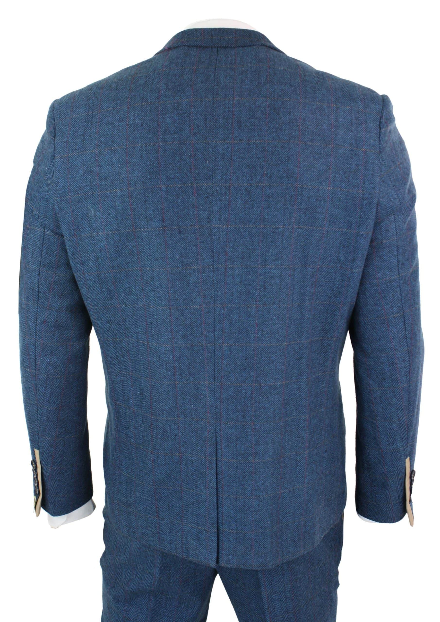 Marc Darcy Dion - Mens Blue Tan Brown 3 Piece Herringbone Tweed Check Vintage Tailored Fit Suit