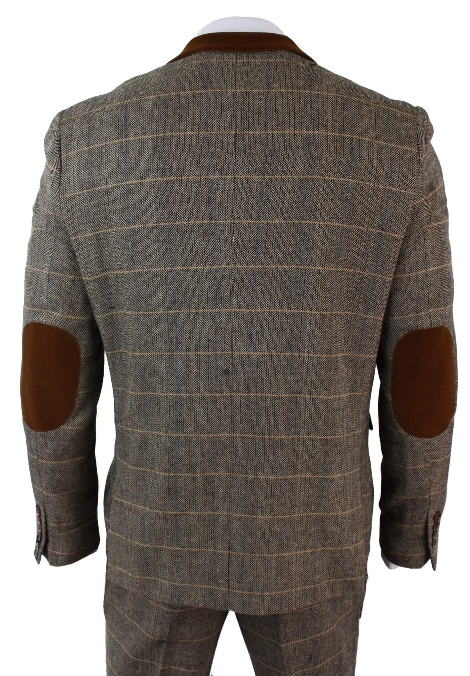 Mens Check Vintage Herringbone Tweed Tan 3 Piece Suit Slim Fit Wedding