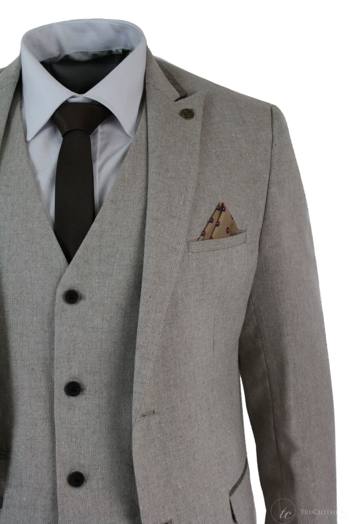 Mens Herringbone Tweed 3 Piece Suit Velvet Trim Classic Vintage Slim Fit Beige
