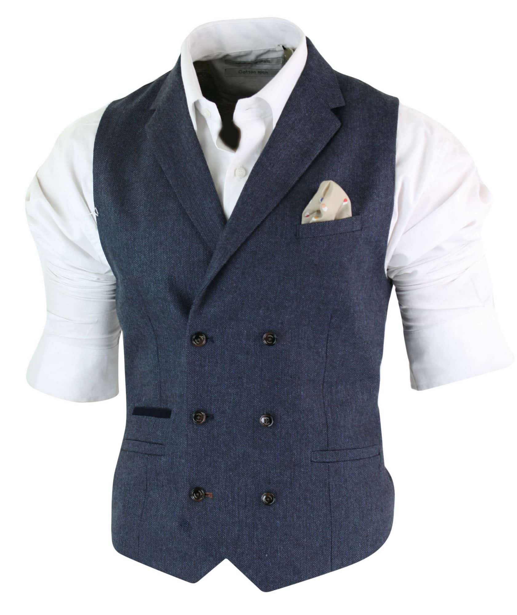 Cavani Martez - Mens Herringbone Tweed Gatsby Tommy Shelby Classic Double Breasted Waistcoat - Blue