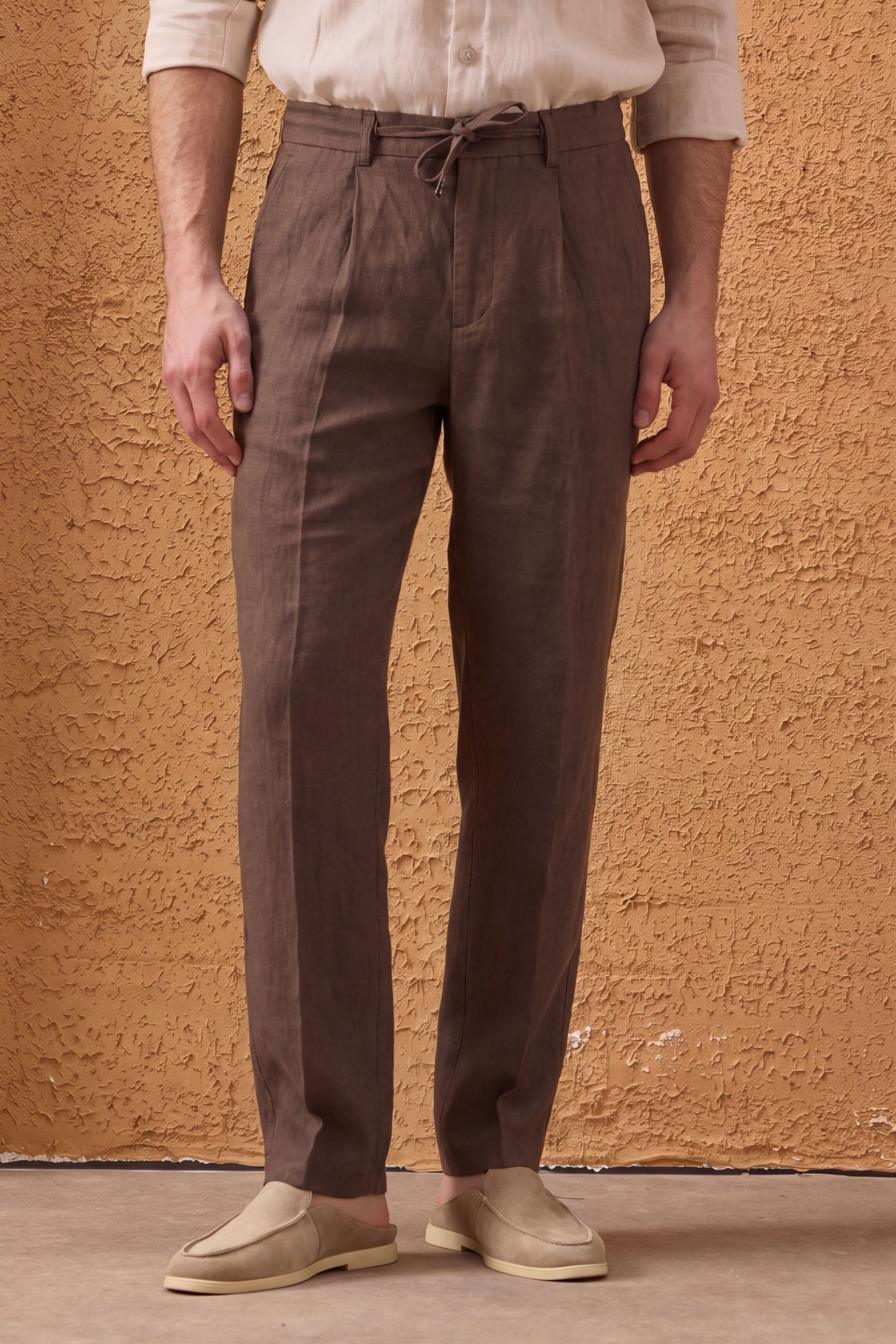 Men’s Black Zip Linen Jacket & Brown Trousers Set Smart Casual Summer Outfit