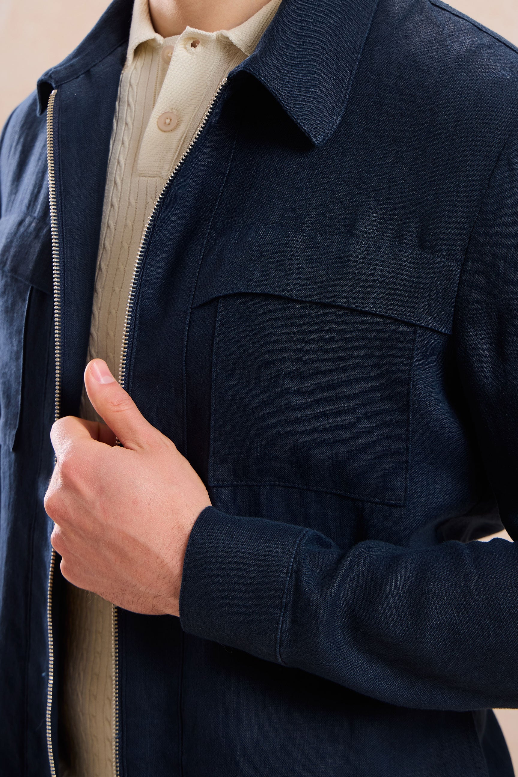 Men’s Navy Zip Linen Jacket & Sage Trousers Set Smart Casual Summer Outfit