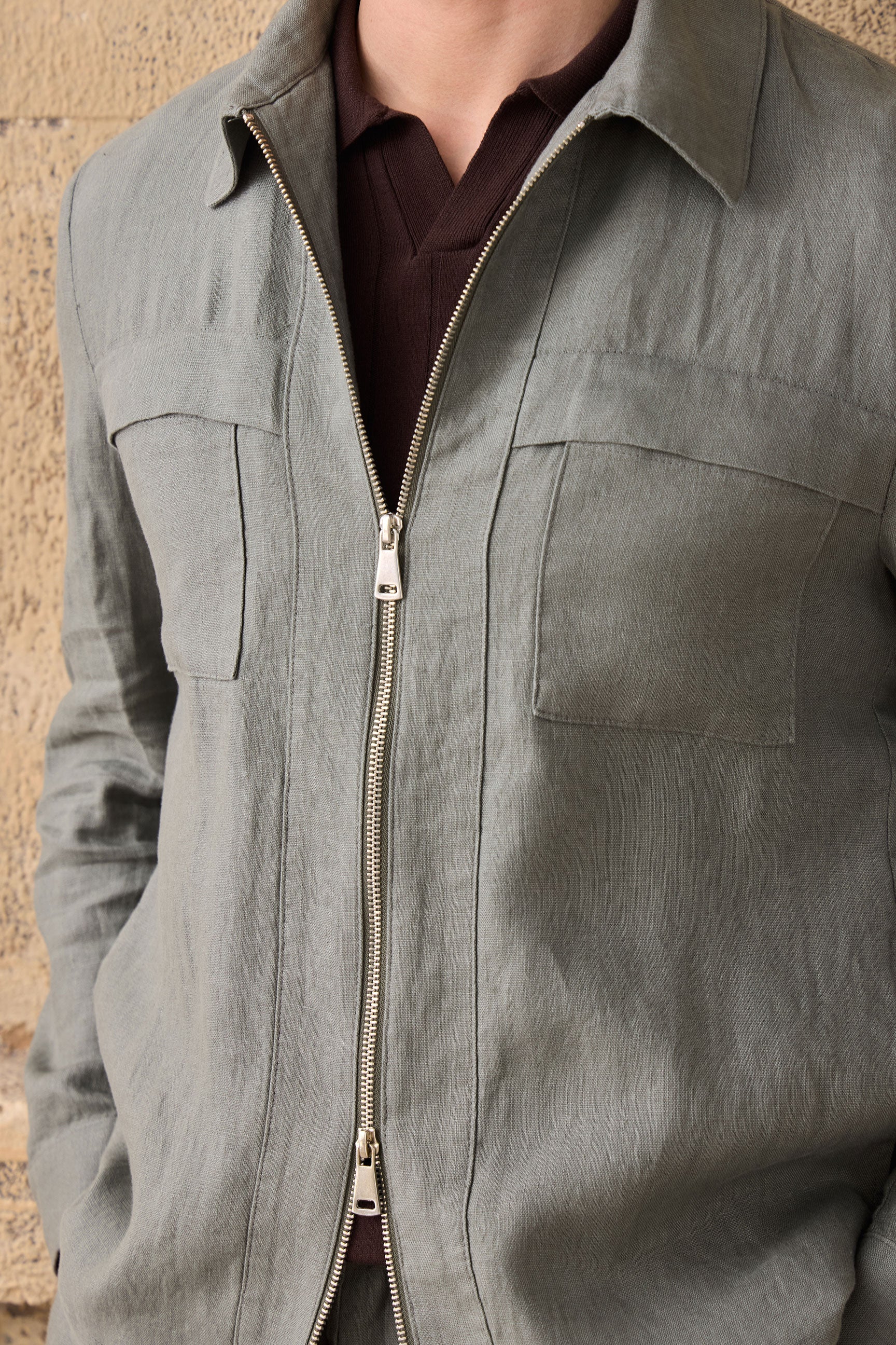 Men’s Sage Green Zip Linen Jacket & Beige Trousers Set Smart Casual Summer Outfit