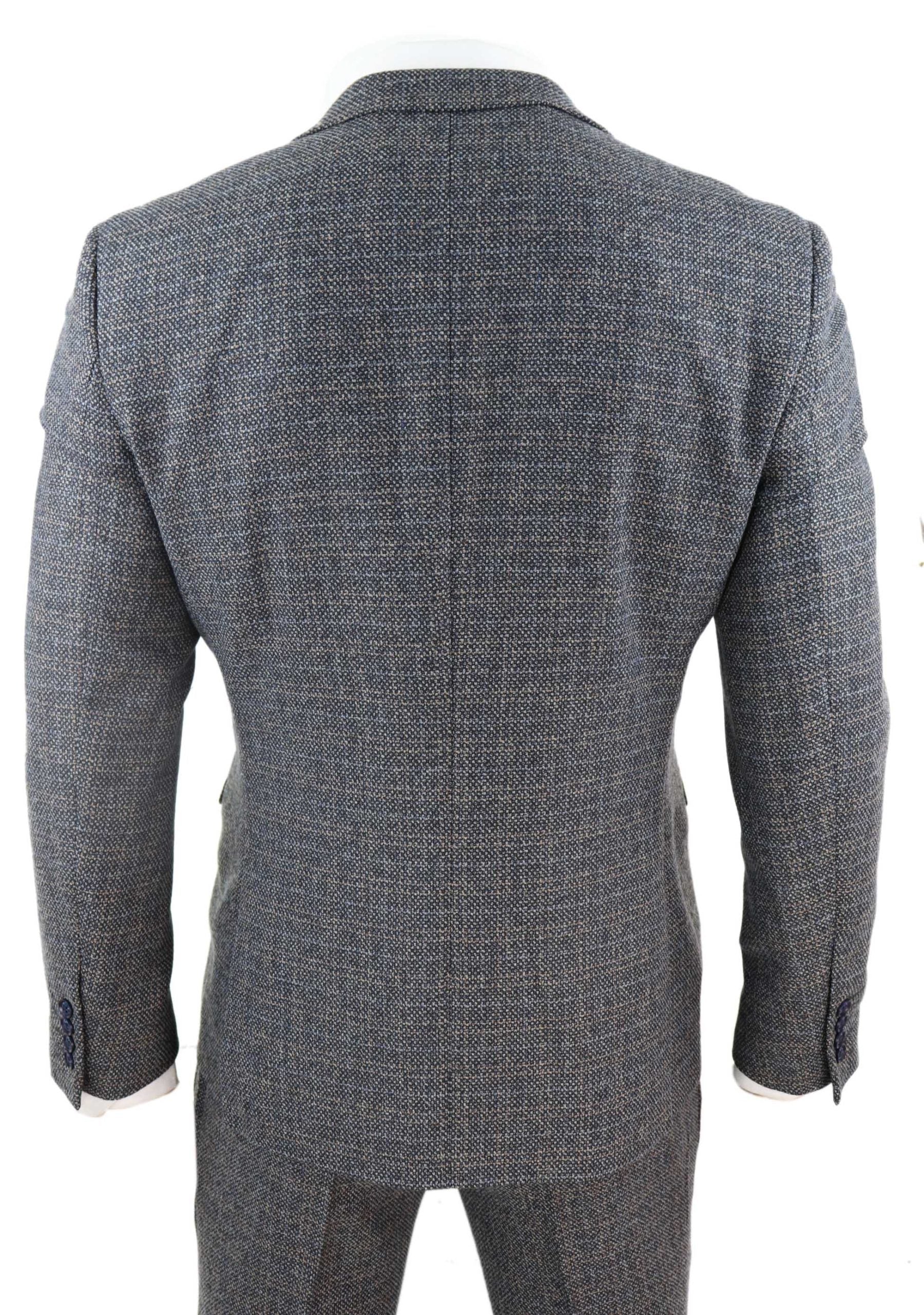 Mens 3 Piece Tweed Check Suit - Navy Blue