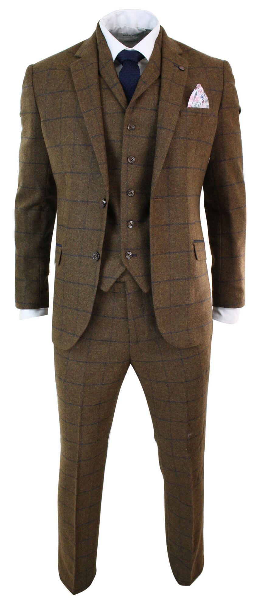 Mens Herringbone Tweed Check 3 Piece Wool Suit 1920s Vintage - Tan Brown