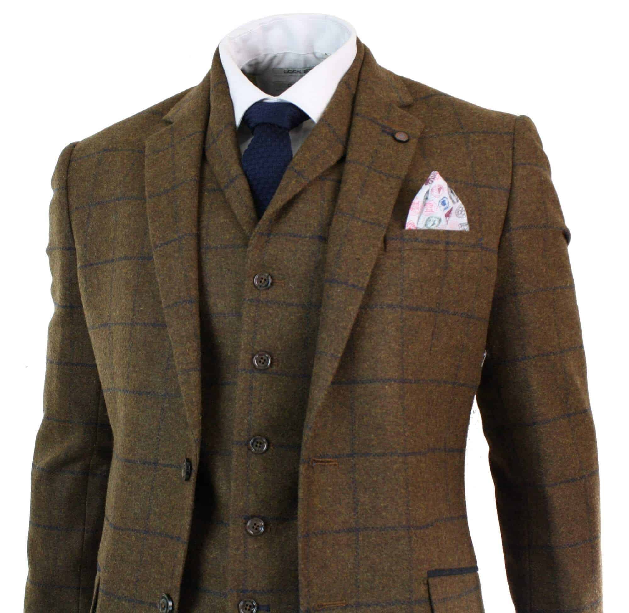 Mens Herringbone Tweed Check 3 Piece Wool Suit 1920s Vintage - Tan Brown