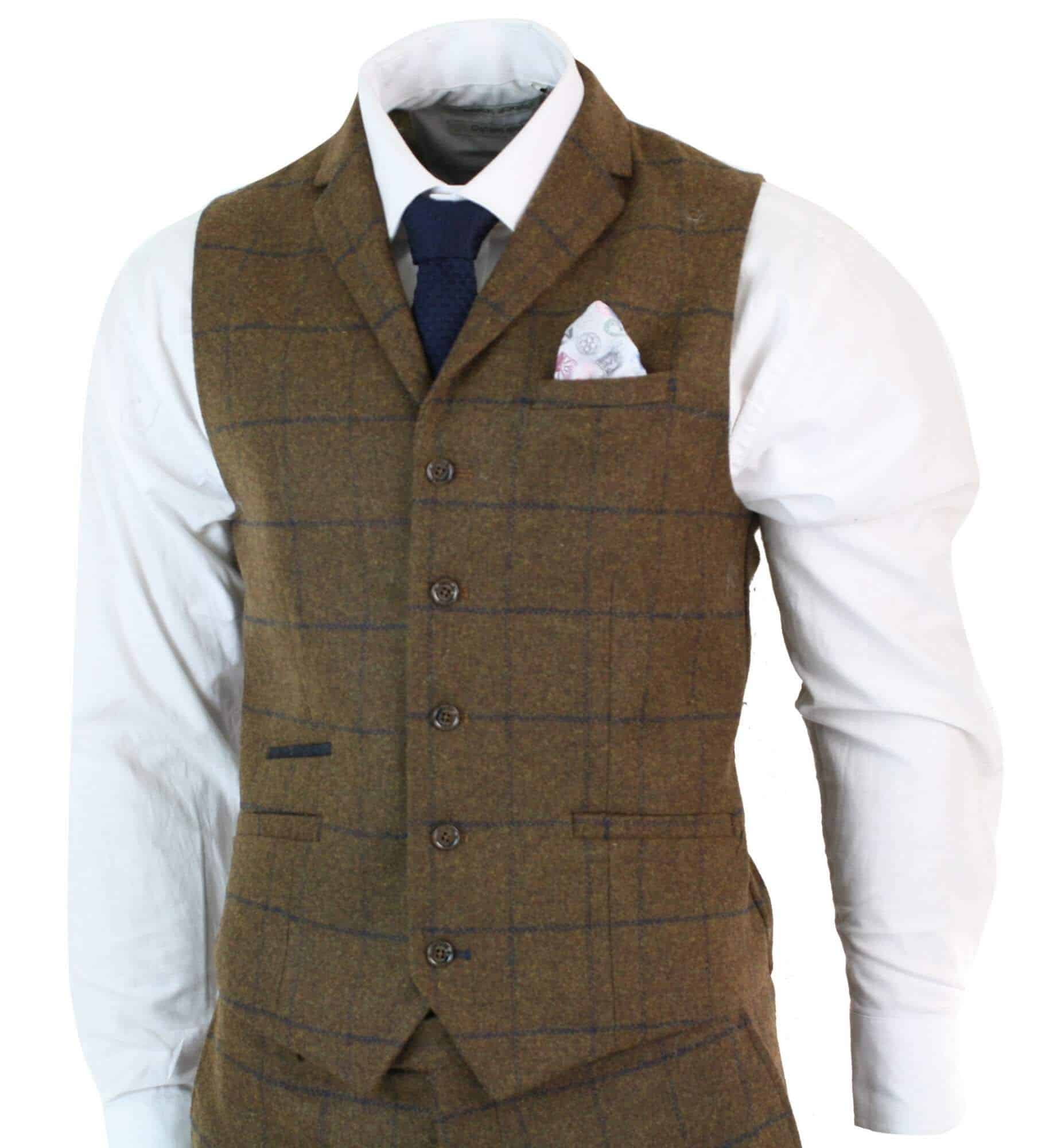Mens Herringbone Tweed Check 3 Piece Wool Suit 1920s Vintage - Tan Brown