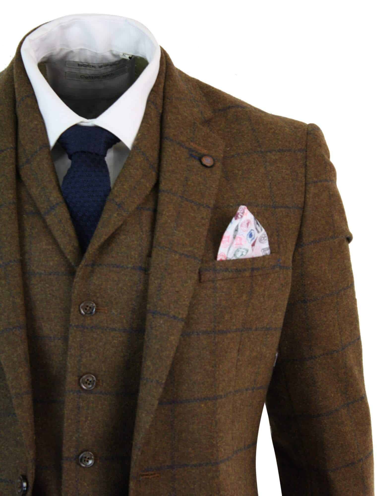 Mens Herringbone Tweed Check 3 Piece Wool Suit 1920s Vintage - Tan Brown