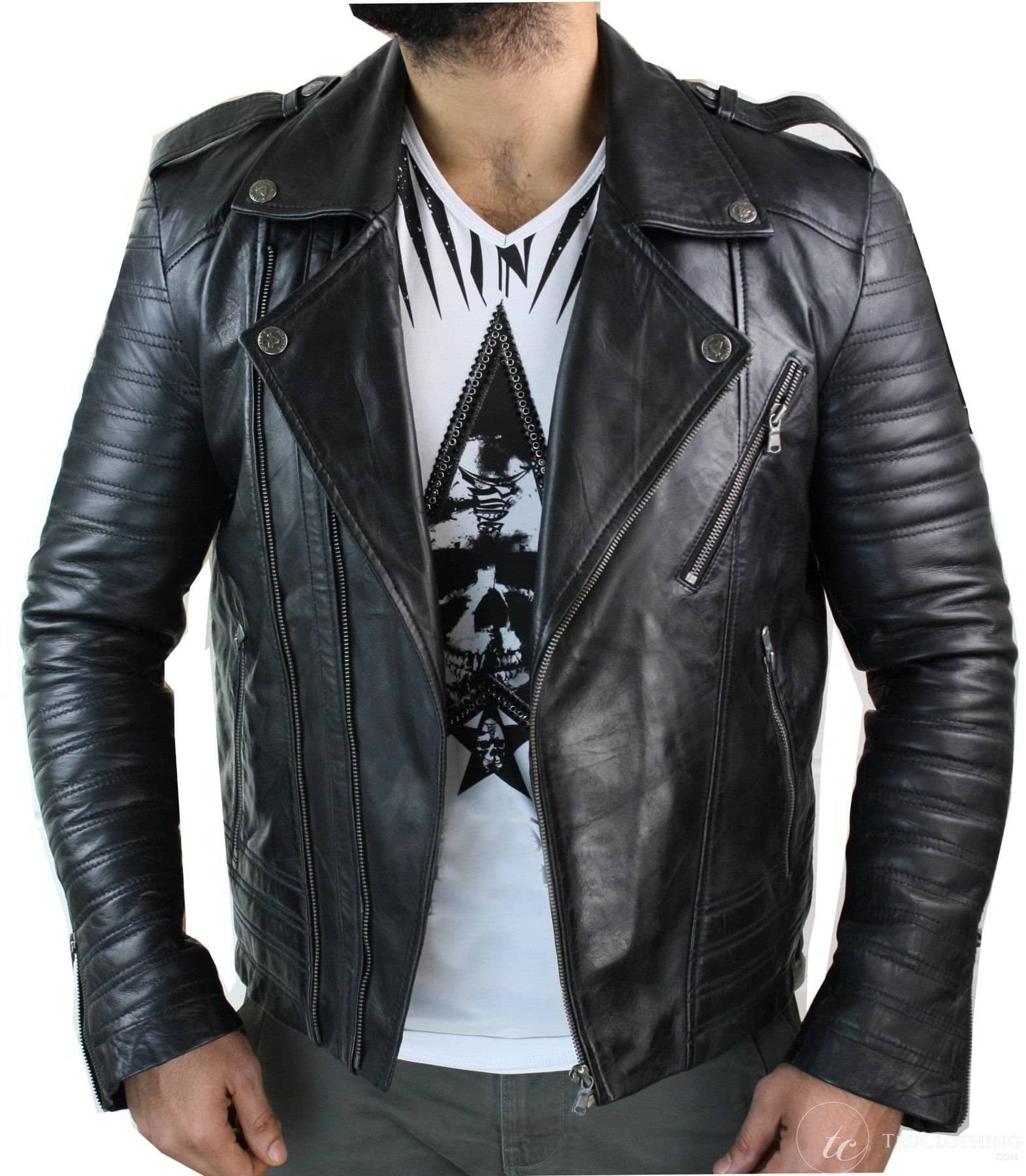 Real Leather Cross Zip Vintage Retro Mens Biker Jacket Black Urban Slim Fit-XXXL-Black