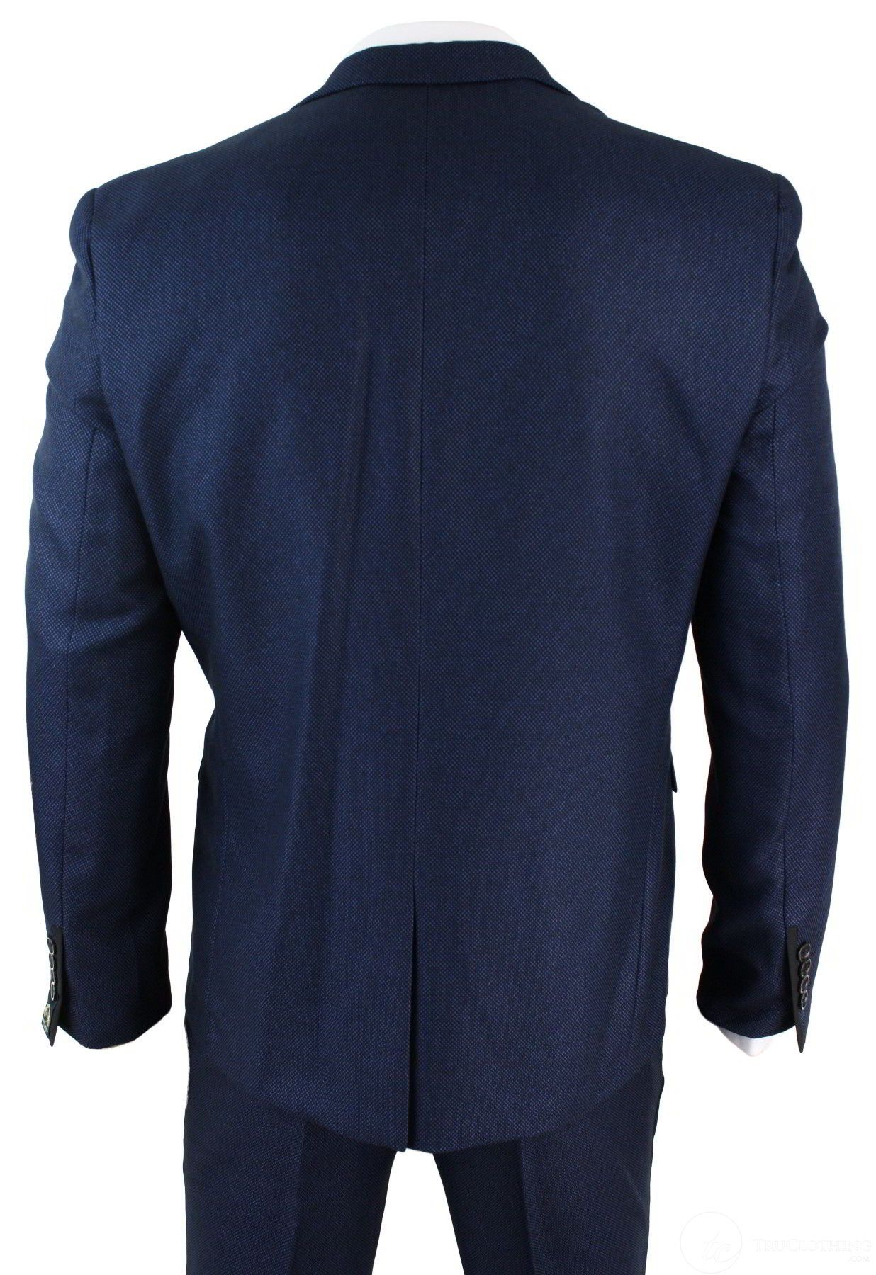 Mens Tailored Fit 3 Piece Blue Black Smart Formal Designer Suit Wedding Party