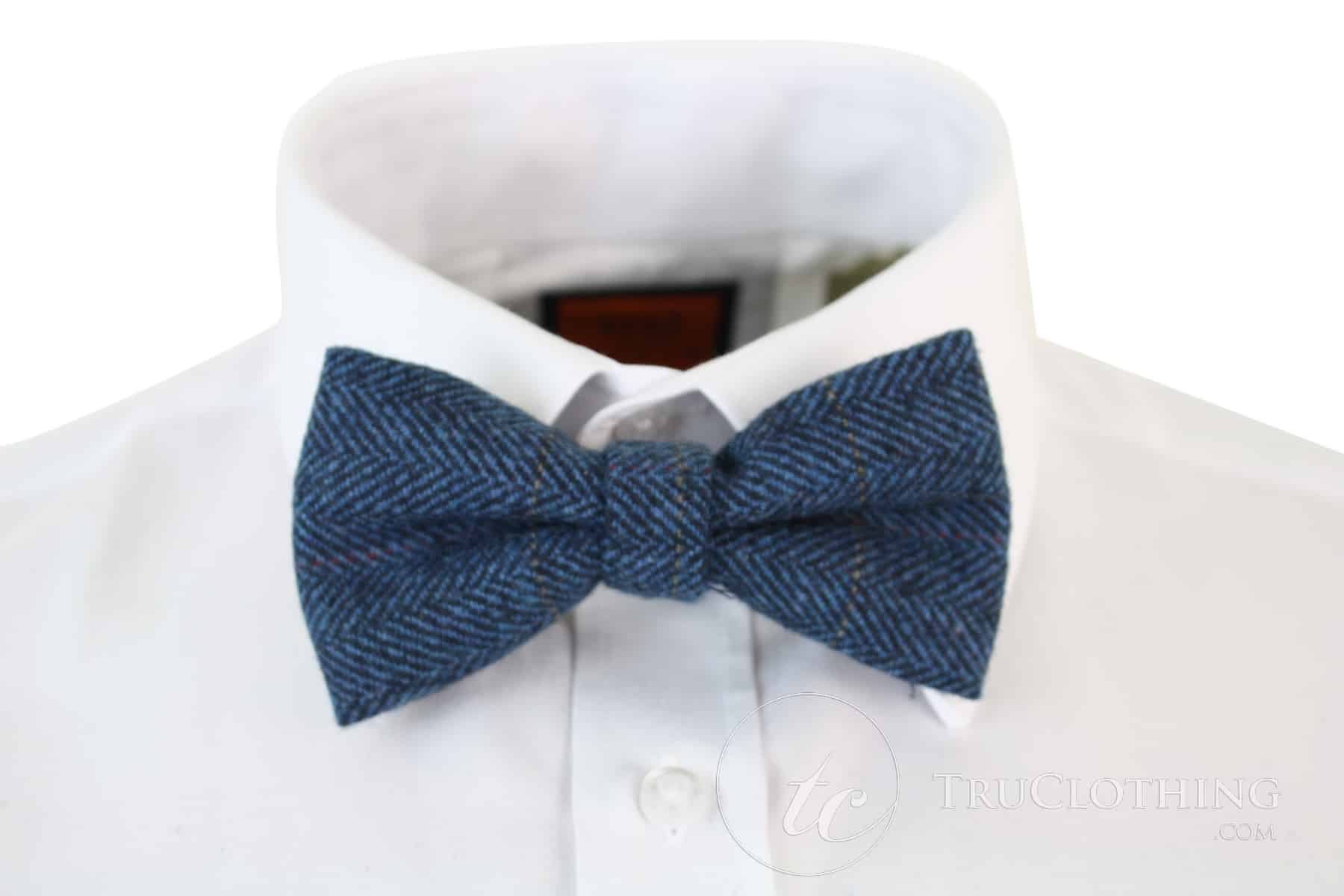 Mens Tweed Herringbone Textured Marc Darcy Bow Ties Vintage Retro Deon Blue