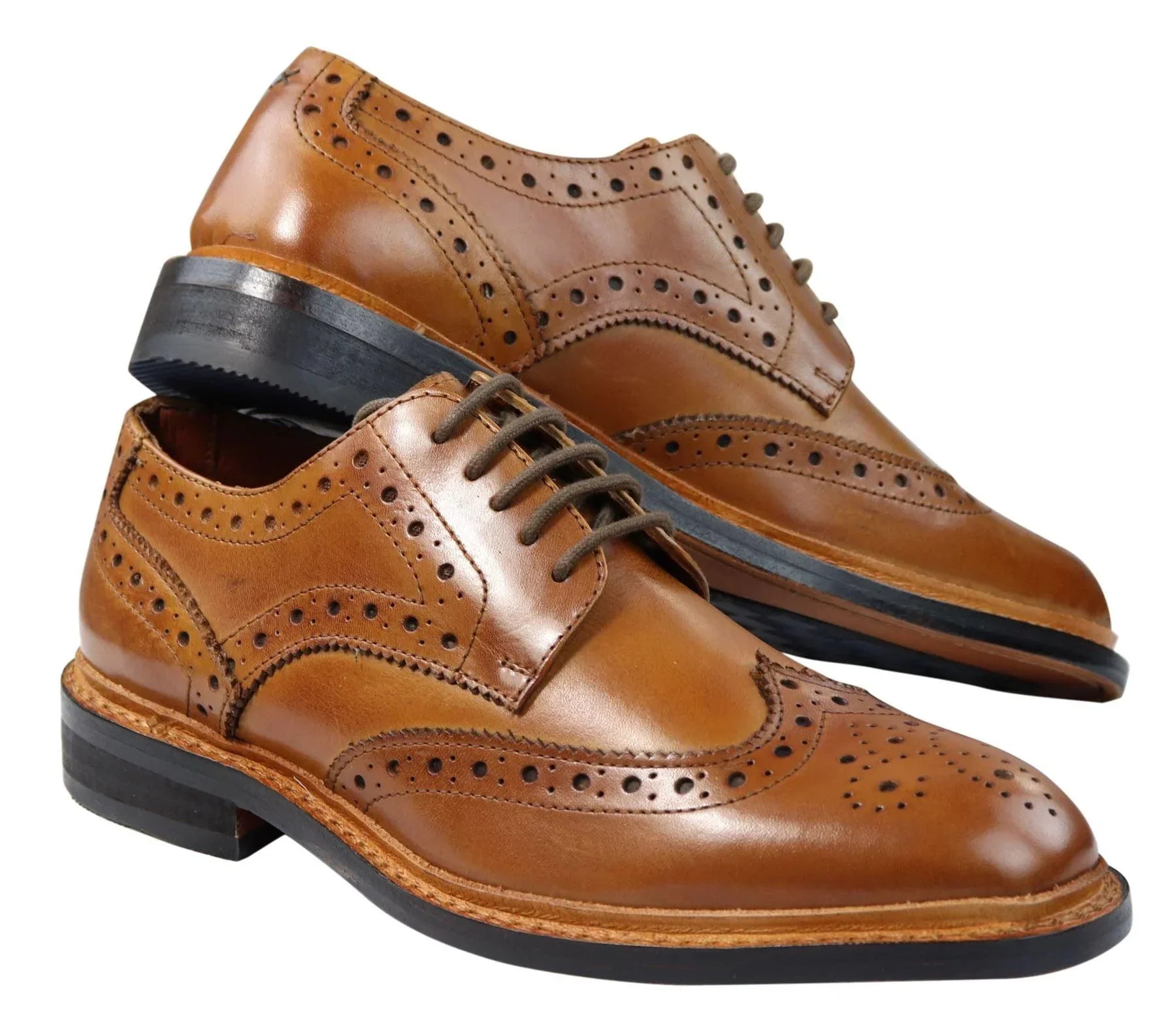 Mens Oxford Brogue Shoes Laced Leather Goodyear Welted Tan Brown Burgundy
