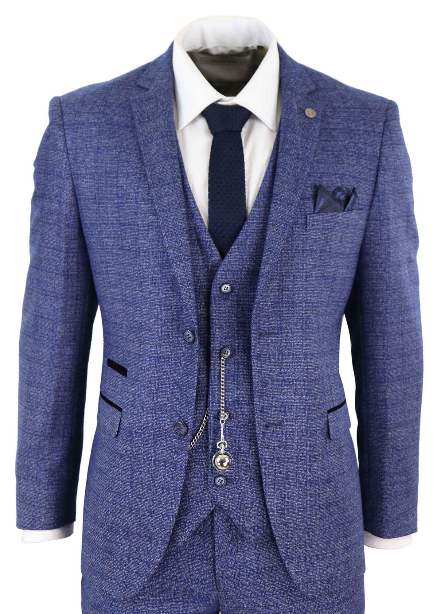 Mens Tweed Blue 3 Piece Check Suit Pocket Watch Tailored Fit 1920s Vintage
