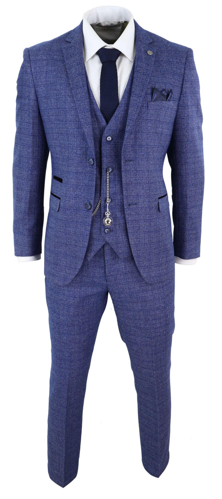 Mens Tweed Blue 3 Piece Check Suit Pocket Watch Tailored Fit 1920s Vintage