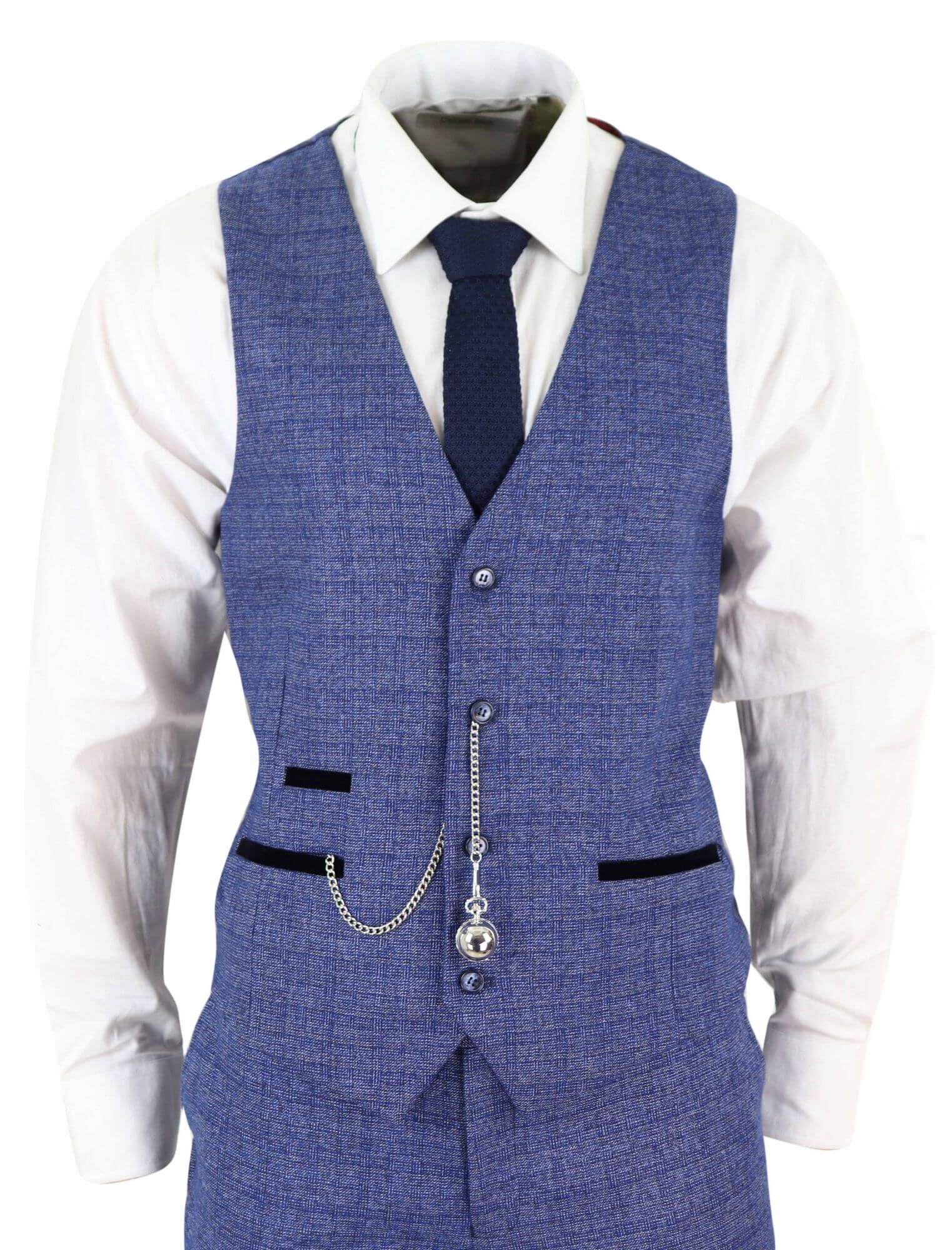 Mens Tweed Blue 3 Piece Check Suit Pocket Watch Tailored Fit 1920s Vintage