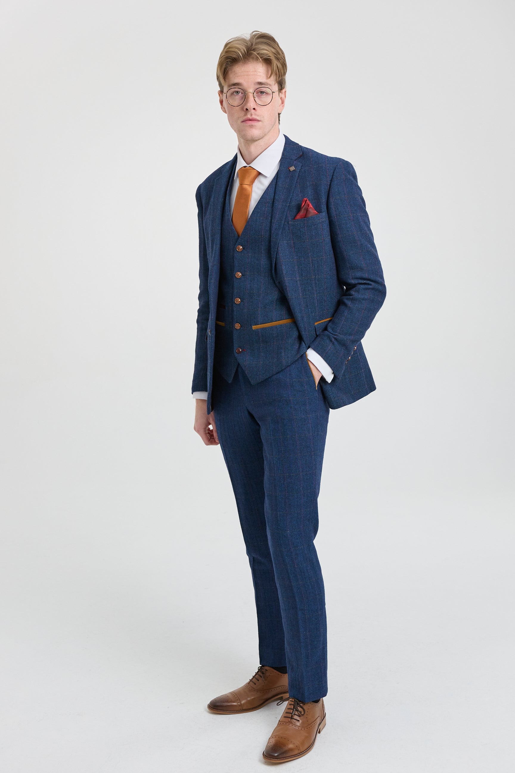 Scott Men's Blue 3-Piece Tweed Check Suit