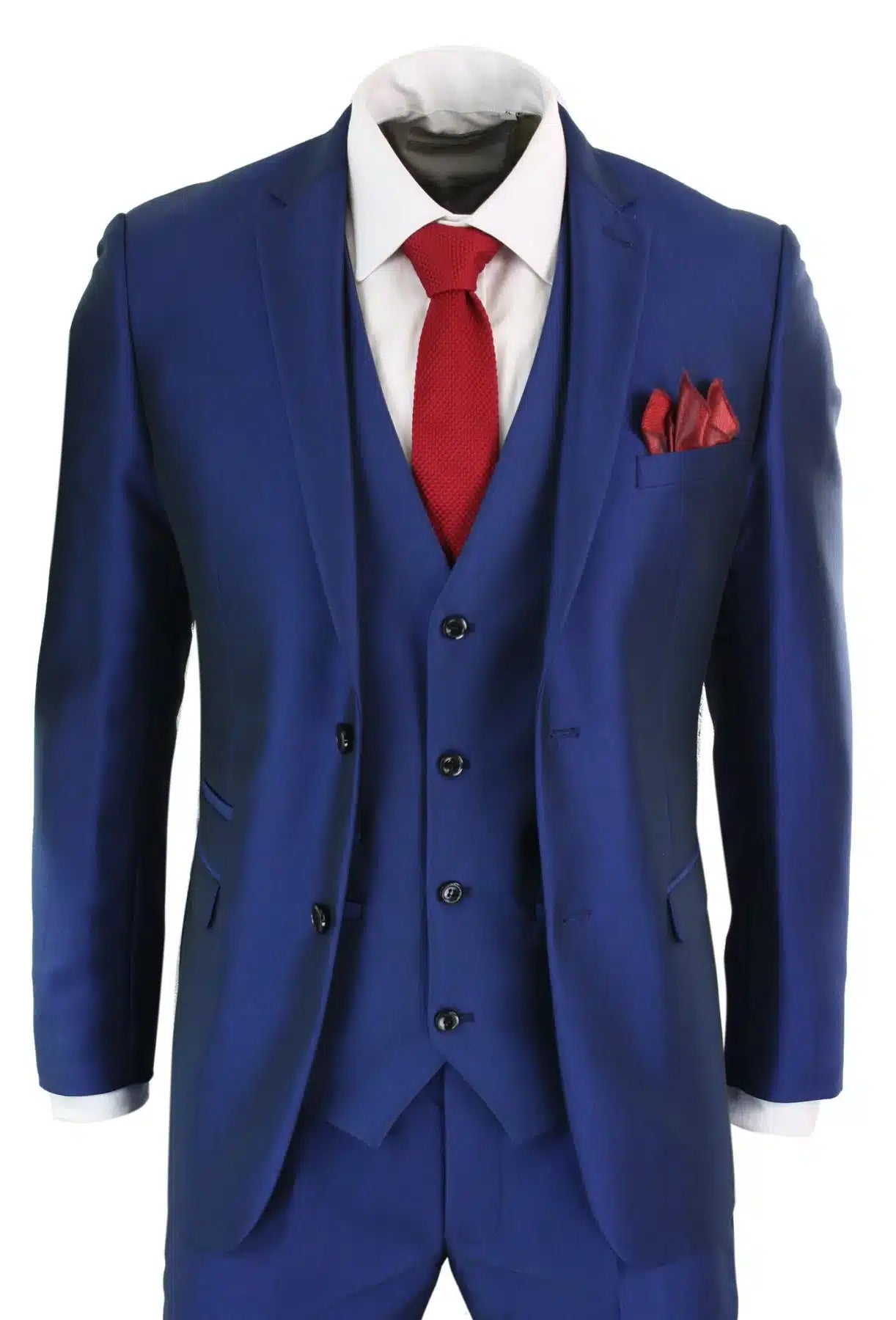 Mens 3 Piece Shiny Blue Wedding Prom Party Suit Tailored Fit Smart Formal