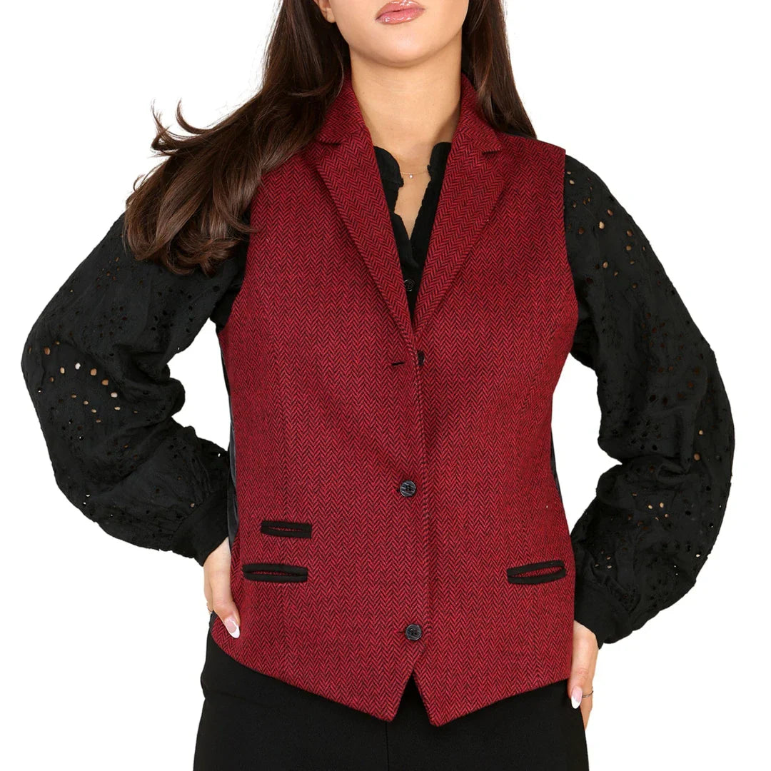 Women's Tweed Herringbone Waistcoat Wine Red Classic 1920s