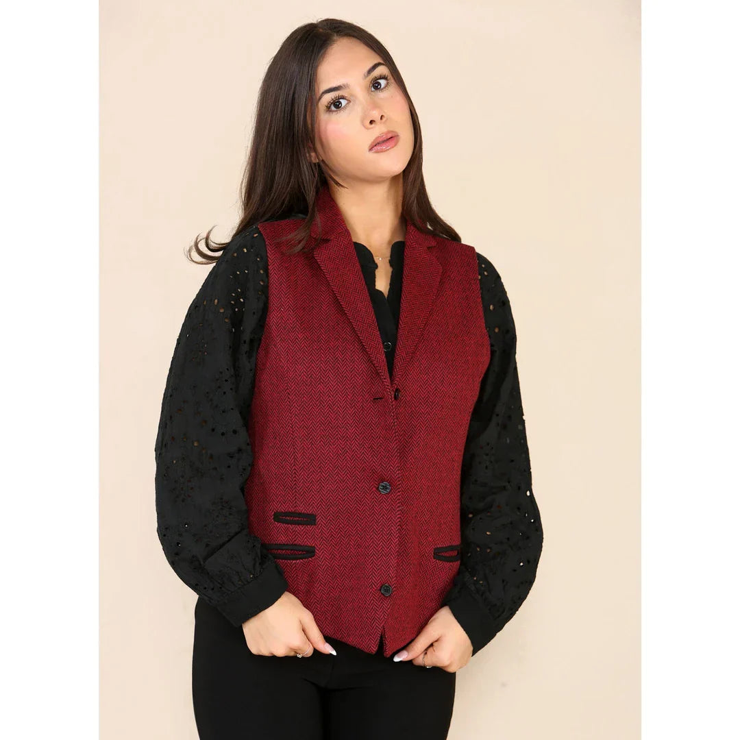 Women's Tweed Herringbone Waistcoat Wine Red Classic 1920s